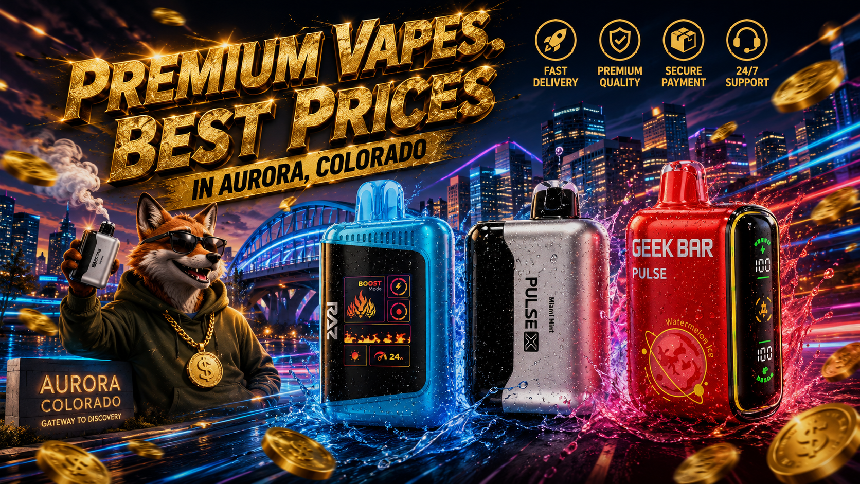 A vibrant promotional banner features premium disposable vapes displayed against the illuminated Aurora, Colorado skyline with glowing energy trails, water splashes, and floating gold coins that emphasize value and excitement. A stylish fox wearing sunglasses, a hoodie, and a gold dollar-sign chain holds a disposable vape while reinforcing the theme of premium products at affordable prices. Bold metallic lettering reading 