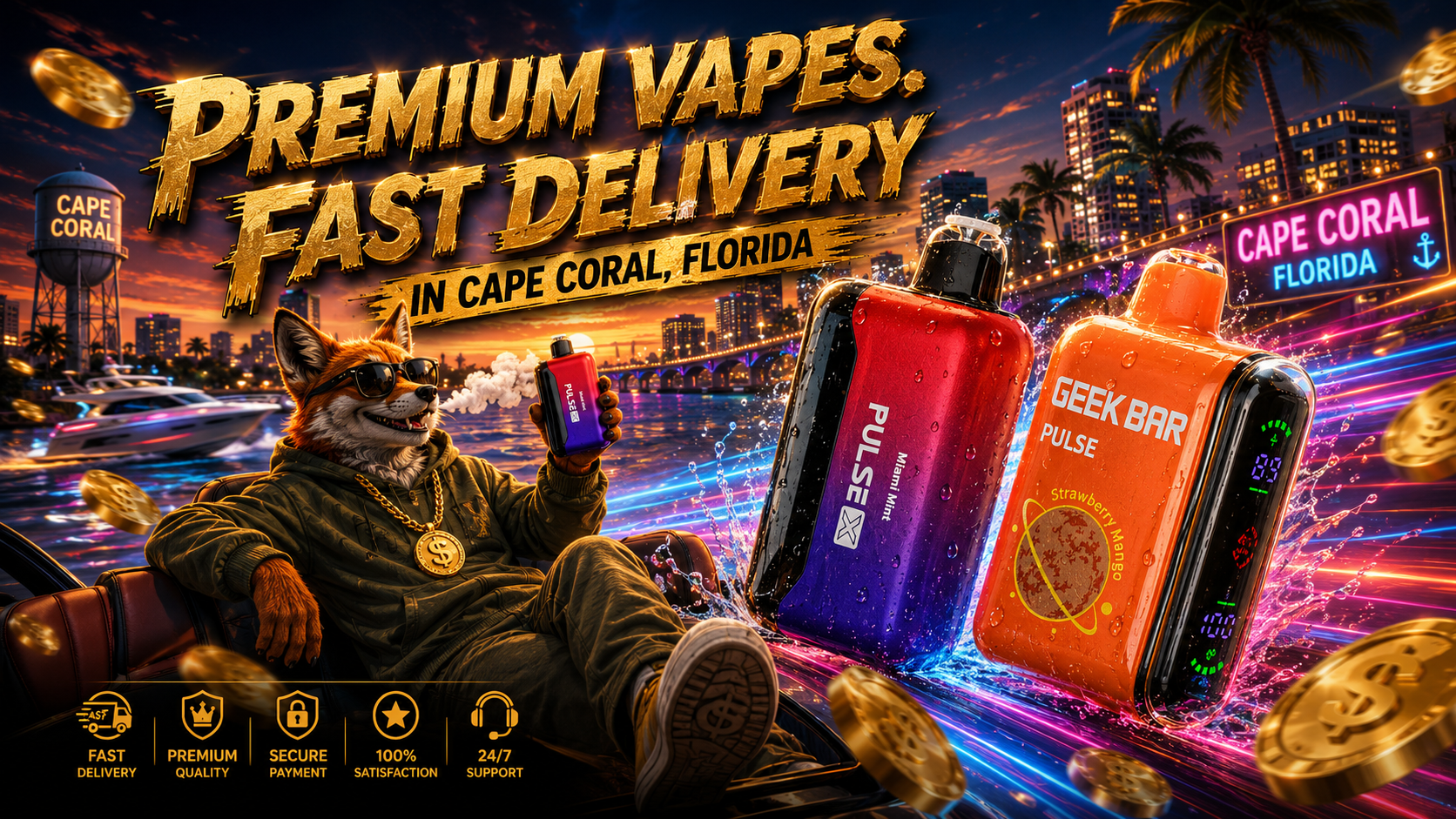 This eye-catching promotional banner features two colorful disposable vapes with water droplets, set against the glowing waterfront skyline of Cape Coral, Florida, with neon light trails and floating gold coins creating a dynamic atmosphere. A stylish fox wearing sunglasses and a gold chain relaxes while holding a disposable vape, reinforcing the premium shopping experience and fast shipping service. Bold gold lettering reading 