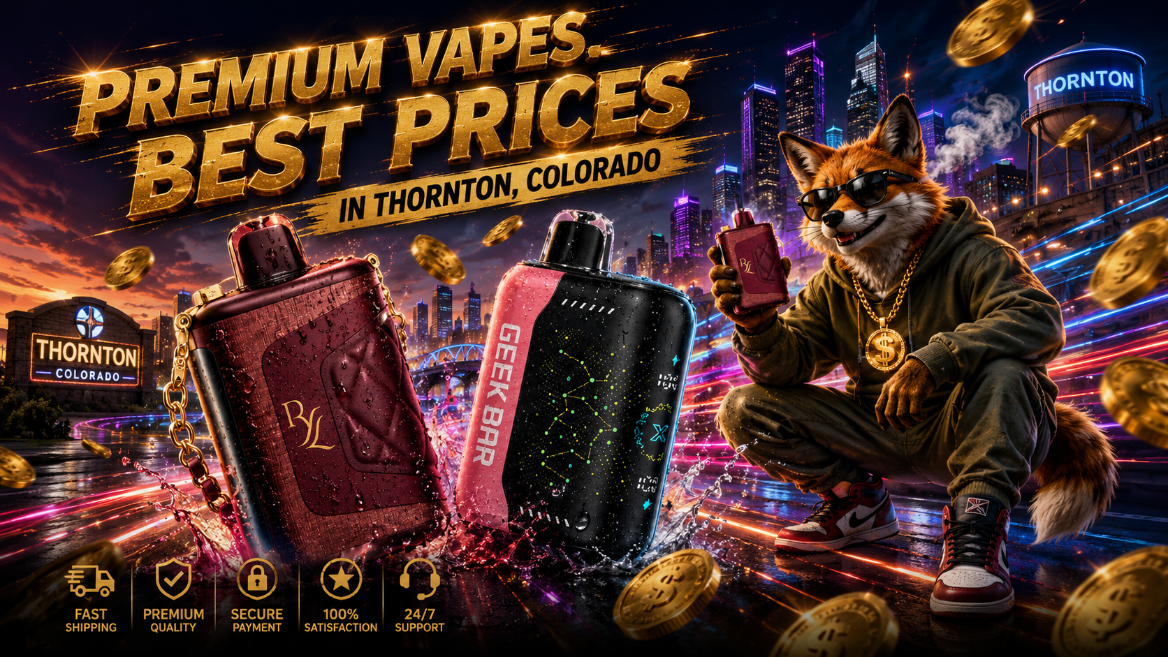 A vibrant promotional banner features premium disposable vapes in the foreground with dramatic water splashes, glowing neon light trails, and floating gold coins against a futuristic Thornton, Colorado skyline. A stylish fox wearing sunglasses and a gold chain holds a vape device while highlighting premium vapes at the best prices in Thornton, Colorado. The energetic design, illuminated cityscape, and premium service icons emphasize affordable prices, fast shipping, and a wide selection of high-quality disposable vapes available online.