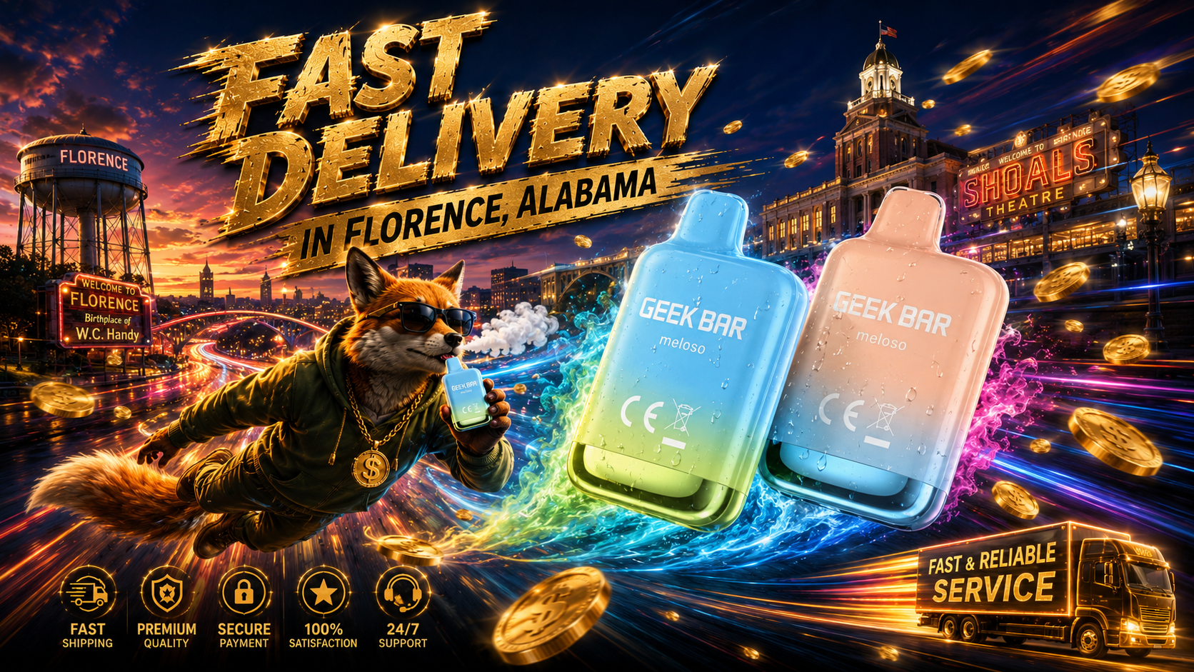 A dynamic promotional illustration features colorful Geek Bar Meloso disposable vapes with water droplets speeding through a vibrant nighttime scene in Florence, Alabama, surrounded by glowing energy trails and floating gold coins. A stylish fox wearing sunglasses flies across the city while holding a matching vape device, reinforcing the theme of fast delivery, premium quality, and reliable online service. The illuminated skyline, iconic local landmarks, and bold golden lettering create an energetic visual that highlights affordable vape delivery and a wide selection of disposable vapes.