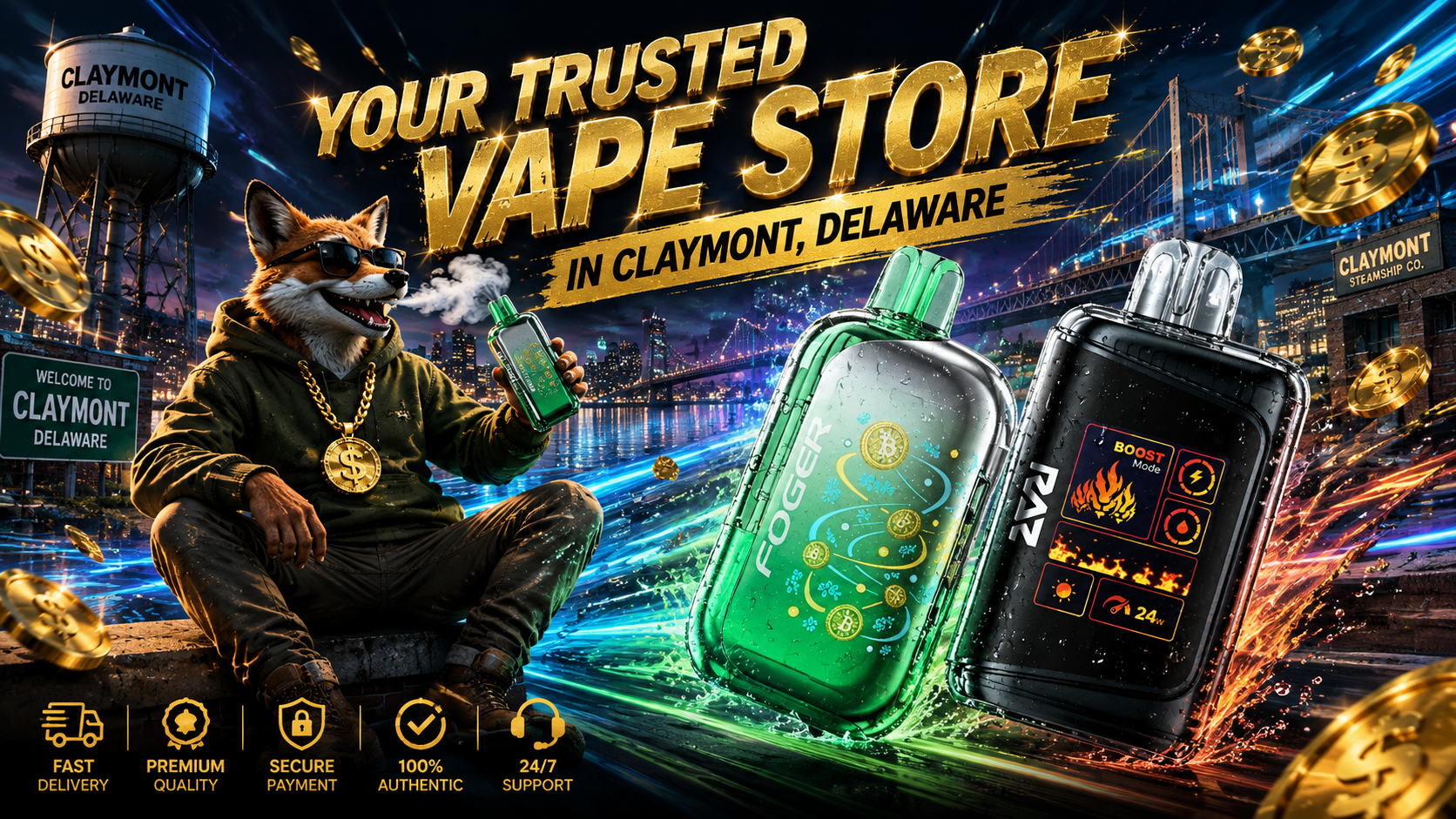 Green and black disposable vapes with a fox mascot against the Claymont, Delaware skyline at night