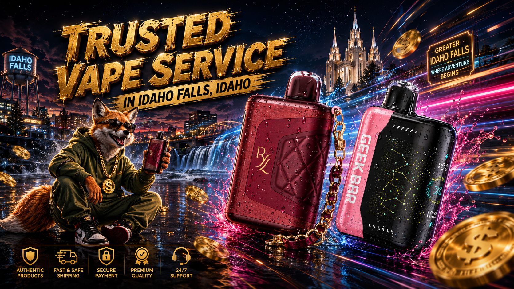 A dynamic promotional banner features two premium disposable vapes with realistic water droplets, vibrant energy trails, floating gold coins, and recognizable Idaho Falls landmarks illuminated at night. Bold metallic gold lettering reads 