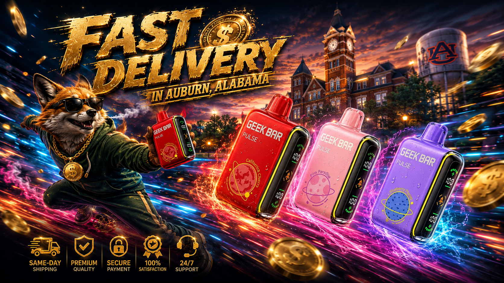 This vibrant promotional banner features colorful Geek Bar disposable vape devices with glowing energy trails, floating gold coins, and a stylish fox skating through downtown Auburn, Alabama. Auburn University landmarks and the iconic water tower create a recognizable local backdrop, while bold gold lettering promotes fast vape delivery. The image highlights premium disposable vapes, reliable same-day shipping, secure ordering, and fast delivery service for customers in Auburn, AL.