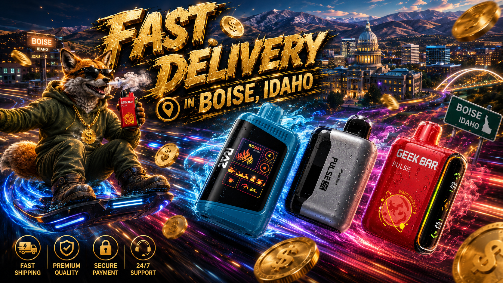 A dynamic promotional banner showcases three colorful disposable vapes racing through a futuristic Boise, Idaho skyline with glowing light trails, flying gold coins, and iconic city landmarks in the background. A stylish fox mascot riding a futuristic hoverboard holds a red Geek Bar vape while the bold gold headline reads 