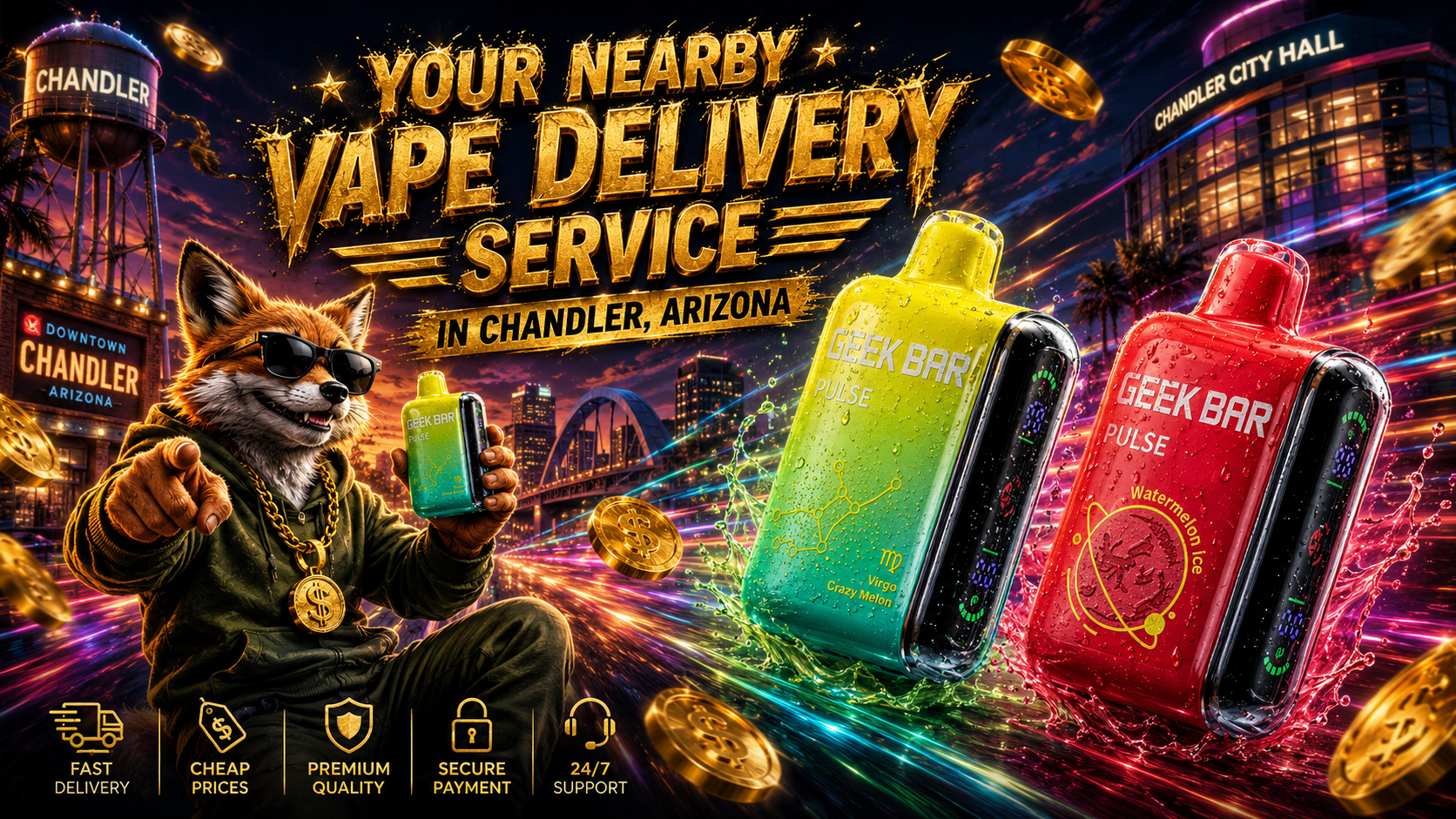 This vibrant promotional banner features Geek Bar Pulse disposable vapes surrounded by colorful energy trails, water splashes, and floating gold coins against the illuminated Chandler, Arizona skyline. A fashionable fox wearing sunglasses points toward the viewer while holding a vape, emphasizing a nearby vape delivery service with cheap prices, fast shipping, and premium customer support. The bold gold typography and futuristic city backdrop create an eye-catching advertisement for disposable vape delivery in Chandler, AZ.