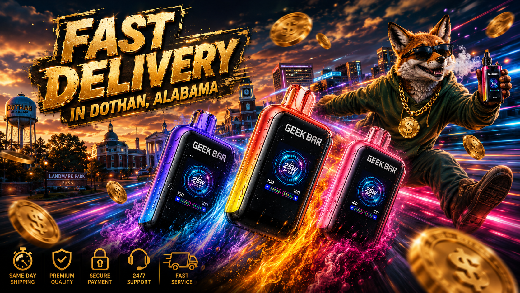 A striking promotional banner features three colorful Geek Bar disposable vapes racing through vibrant clouds of smoke and glowing energy against a dramatic sunset skyline inspired by Dothan, Alabama. A stylish fox character holding a vape adds a fun, energetic touch, while floating gold coins and bold lettering highlight fast shipping, affordable prices, secure payment, and premium service. The dynamic artwork promotes cheap vapes in Dothan, AL with an emphasis on fast vape delivery, a wide selection of disposable vapes, and convenient online shopping.A striking promotional banner features three colorful Geek Bar disposable vapes racing through vibrant clouds of smoke and glowing energy against a dramatic sunset skyline inspired by Dothan, Alabama. A stylish fox character holding a vape adds a fun, energetic touch, while floating gold coins and bold lettering highlight fast shipping, affordable prices, secure payment, and premium service. The dynamic artwork promotes cheap vapes in Dothan, AL with an emphasis on fast vape delivery, a wide selection of disposable vapes, and convenient online shopping.