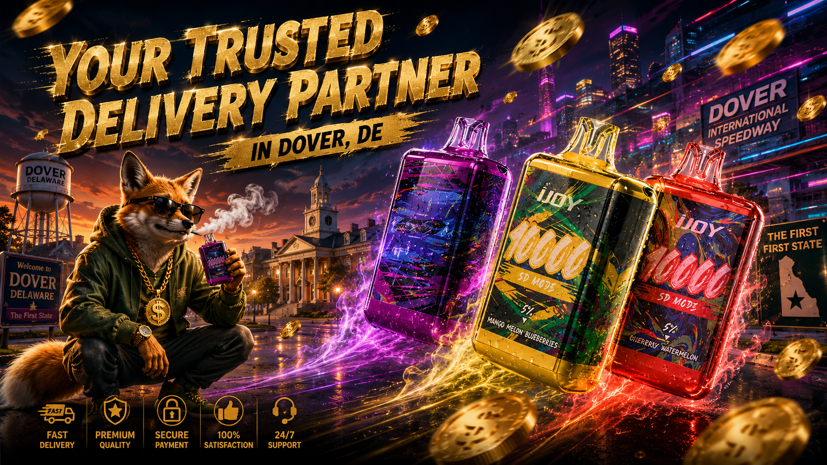 A striking vape delivery advertisement for Dover, DE featuring colorful iJoy disposable vapes surrounded by glowing energy effects, floating gold coins, and a futuristic city skyline at sunset. A stylish fox character wearing sunglasses and gold jewelry holds a vape while iconic Dover landmarks, including the Dover water tower and historic buildings, create a recognizable local backdrop. Bold gold lettering promotes trusted delivery service, while service icons emphasize fast delivery, premium quality, secure payment, customer satisfaction, and 24/7 support.