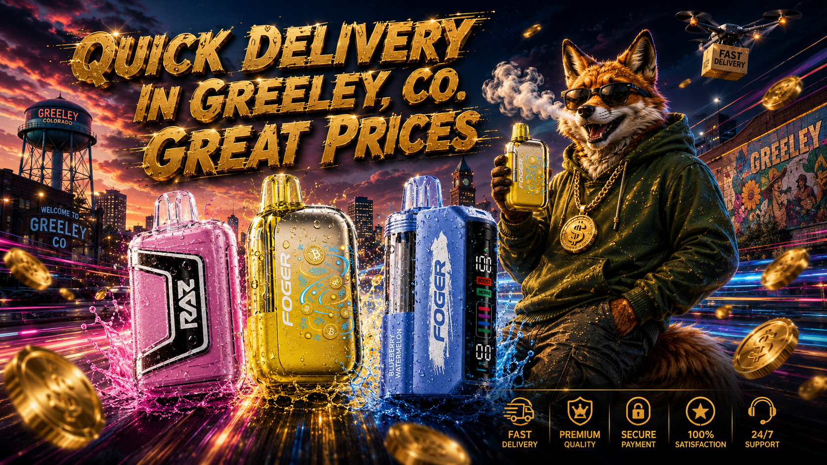 This eye-catching promotional banner highlights quick vape delivery in Greeley, Colorado, featuring colorful disposable vape devices with water splash effects and bold gold lettering promoting great prices. A stylish fox wearing sunglasses holds a vape while standing beside the products, with floating gold coins, a delivery drone, and the Greeley skyline creating a fast-paced atmosphere. Local landmarks and service icons emphasizing fast delivery, premium quality, secure payment, customer satisfaction, and 24/7 support reinforce the online vape shopping experience.