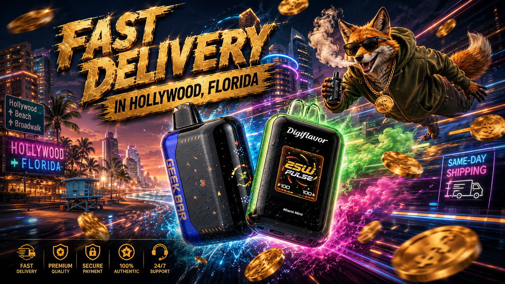 This vibrant promotional banner features two premium disposable vapes surrounded by colorful energy trails and water splashes against a futuristic Hollywood, Florida skyline with recognizable beach landmarks. A stylish fox mascot wearing sunglasses, a hoodie, and gold chains flies through the scene holding a vape, while floating gold coins and the bold headline 