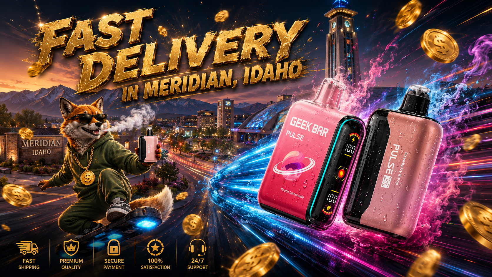 This vibrant promotional banner features two Geek Bar disposable vapes flying through a futuristic Meridian, Idaho cityscape with colorful smoke effects, glowing energy trails, and floating gold coins. A stylish fox wearing sunglasses rides a hoverboard while holding a vape, reinforcing the message of fast delivery, premium quality, and outstanding customer service. The dramatic skyline, illuminated landmarks, and bold gold typography create an eye-catching advertisement for an online vape store offering fast shipping and affordable disposable vapes.