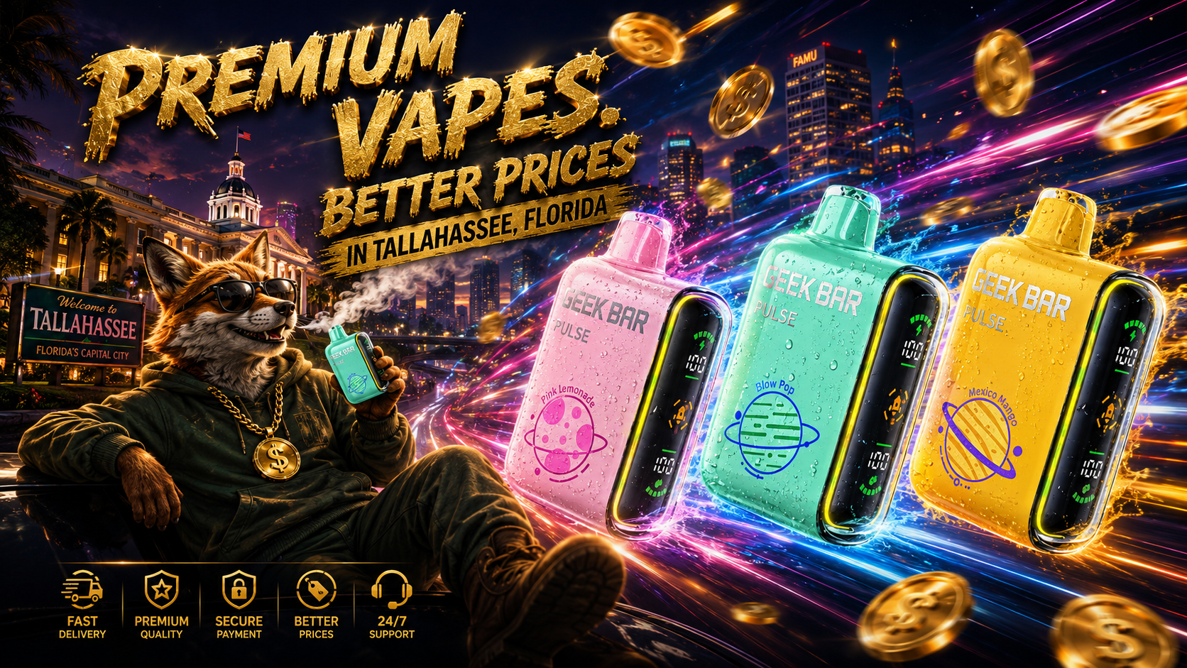 A colorful promotional banner features Geek Bar Pulse disposable vapes in multiple flavors racing through a vibrant Tallahassee, Florida skyline with glowing speed trails, sparkling water droplets, and floating gold coins. A fashionable fox mascot relaxes while holding a vape, emphasizing premium quality, affordable prices, and dependable service from Dollar Vapes. The bold design promotes premium disposable vapes, better prices, and fast shipping for customers in Tallahassee, FL.