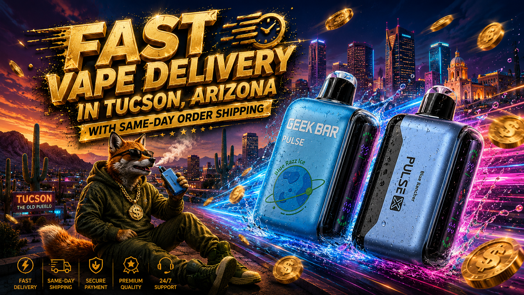 A dynamic promotional banner for fast vape delivery in Tucson, Arizona showcases two blue disposable vape devices surrounded by splashing water, colorful energy trails, and floating gold coins against a vibrant nighttime city skyline. A fashionable fox wearing sunglasses and a hoodie relaxes while holding a disposable vape, with bold gold lettering highlighting fast vape delivery and same-day order shipping. The image emphasizes fast delivery, same-day shipping, secure payment, premium quality, and 24/7 customer support in a modern, high-energy design.