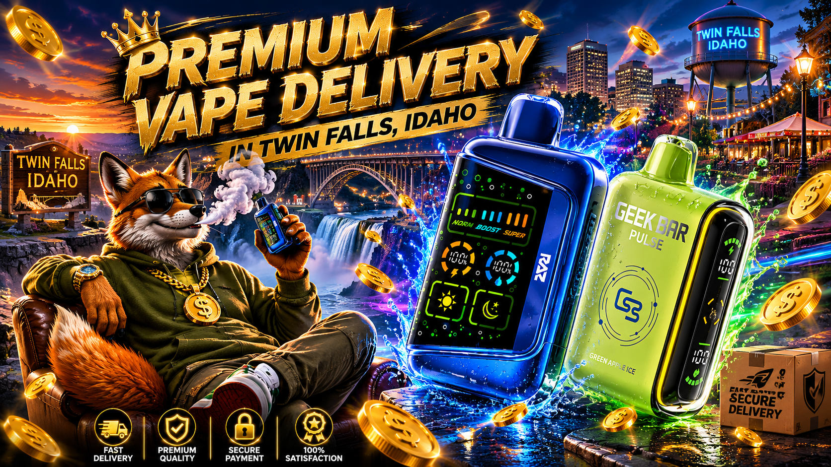 This banner promotes premium vape delivery in Twin Falls, Idaho, featuring two modern disposable vape devices, a stylish fox mascot, and iconic local landmarks including the Perrine Bridge and the Twin Falls water tower. Gold coins, blue and green energy effects, and delivery-themed graphics emphasize affordable prices, fast shipping, and a premium online shopping experience. The image highlights Dollar Vapes as an online vape shop offering a wide selection of disposable vapes with same-day shipping and delivery within 1-5 business days.