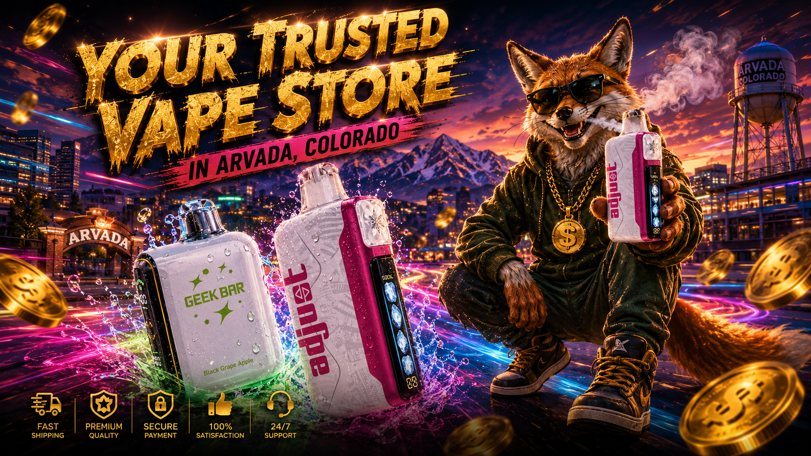 This vibrant promotional banner advertises a trusted online vape store in Arvada, Colorado, featuring premium disposable vapes, bold gold typography, and a colorful city skyline with mountain scenery in the background. A stylish fox character holding a vape stands beside detailed Geek Bar and Adjust disposable devices surrounded by glowing light trails, water splashes, floating gold coins, and dynamic visual effects. The artwork highlights fast shipping, secure payments, premium quality, and affordable vape delivery for customers looking for disposable vapes in Arvada, CO.