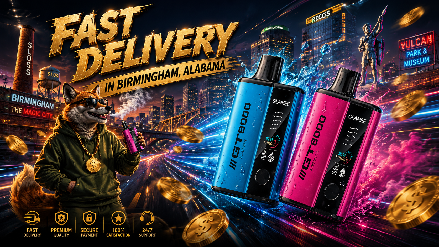 This eye-catching promotional banner features two colorful Glamee GT 8000 disposable vapes surrounded by vibrant blue and pink energy effects against the Birmingham, Alabama skyline at night. A stylish fox character holding a vape, floating gold coins, and iconic Birmingham landmarks create a dynamic scene that highlights affordability, convenience, and fast service. The design emphasizes reliable vape delivery, premium-quality products, and a wide selection of disposable vapes available for online customers in Birmingham and across Alabama.