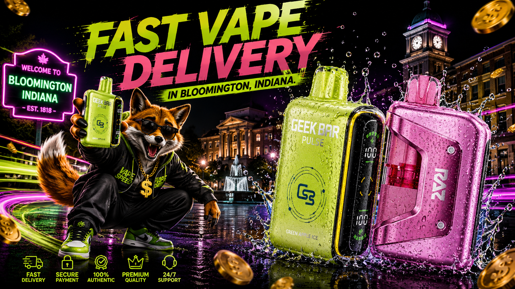 Lime and pink vape devices with water droplets stand beside a fox against Bloomington’s colorful night skyline.