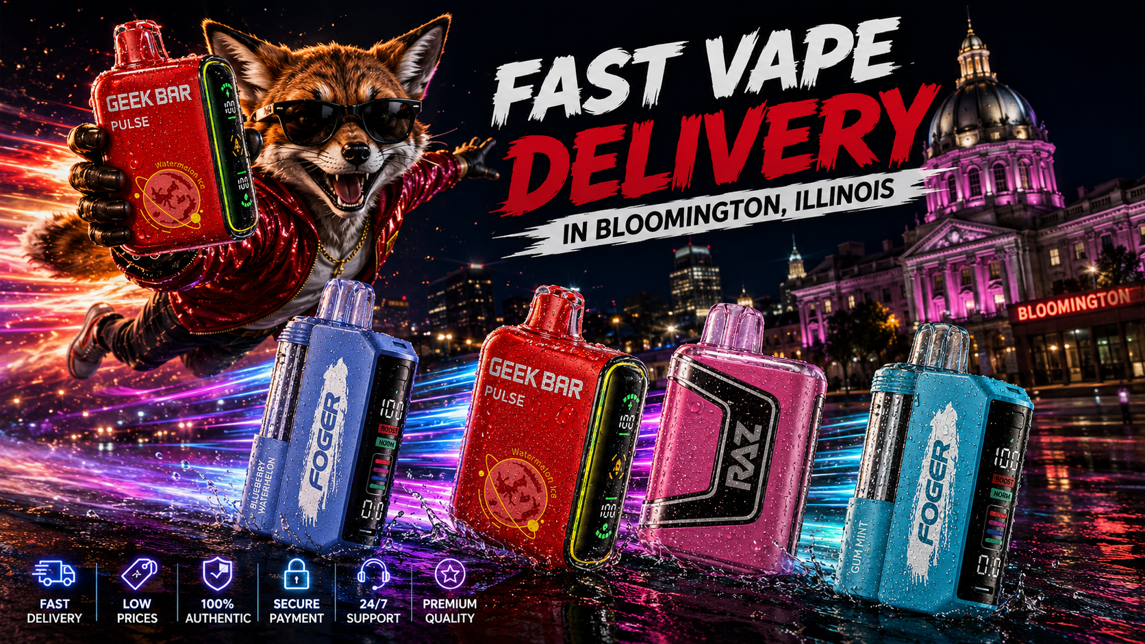 Water-detailed vape devices with neon motion trails and a fox mascot racing through Bloomington at night.