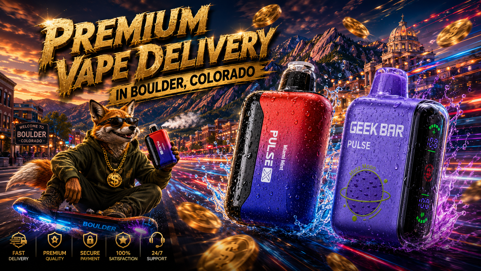 This eye-catching promotional banner features two colorful disposable vapes with realistic water droplets racing through a futuristic Boulder, Colorado cityscape surrounded by vibrant light trails, flying gold coins, and the iconic Flatirons. A stylish fox wearing sunglasses, a gold chain, and riding a glowing skateboard holds a vape beneath bold gold lettering that reads 