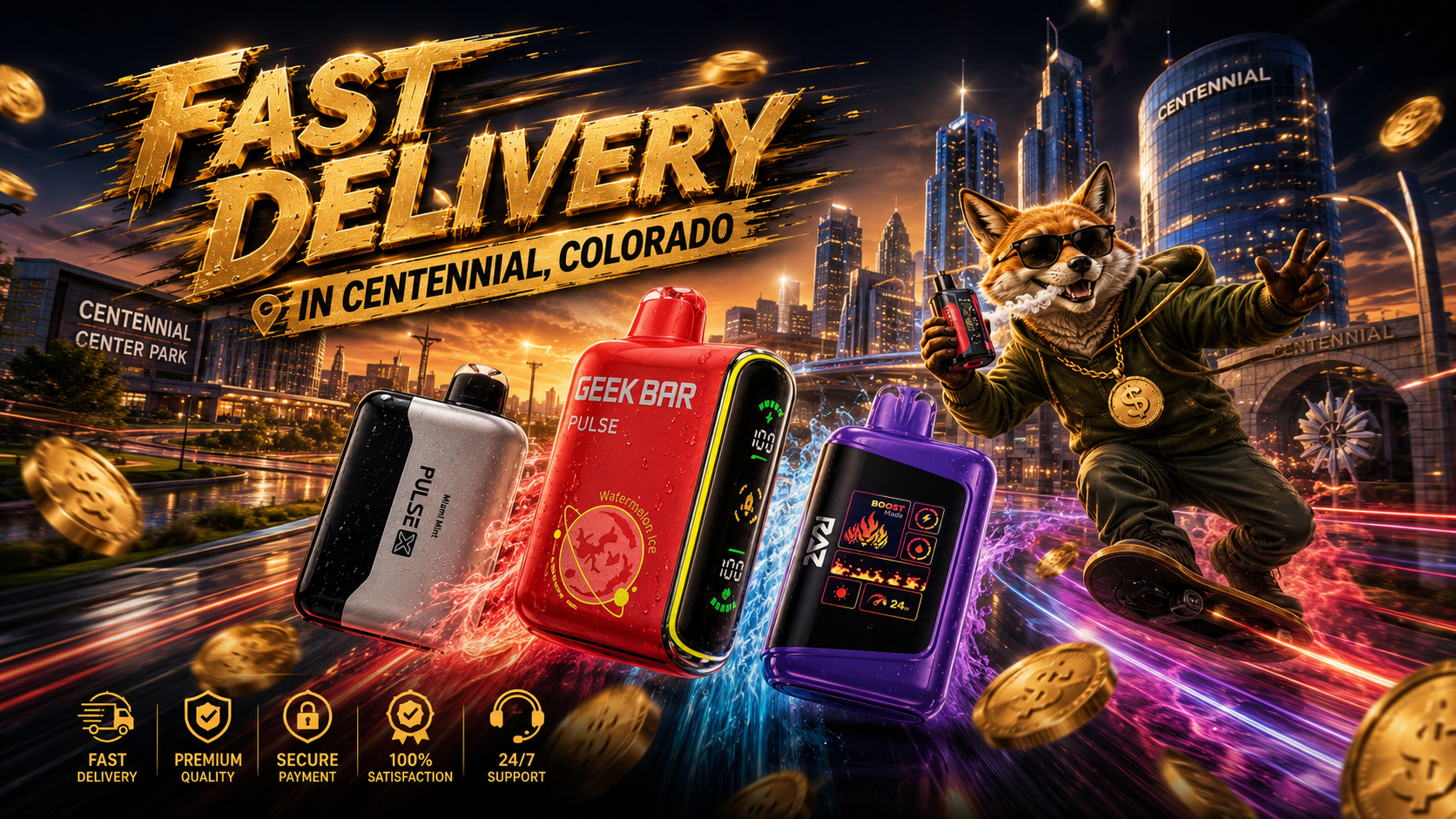 This vibrant promotional banner features colorful disposable vape devices racing through a glowing Centennial, Colorado cityscape with dynamic water splashes, flying gold coins, and bold gold lettering advertising fast delivery. A stylish fox riding a skateboard holds a vape while the illuminated skyline and recognizable Centennial landmarks create an energetic, futuristic atmosphere. The banner also highlights premium quality, secure payment, customer satisfaction, and 24/7 support, emphasizing a reliable online vape shopping experience.
