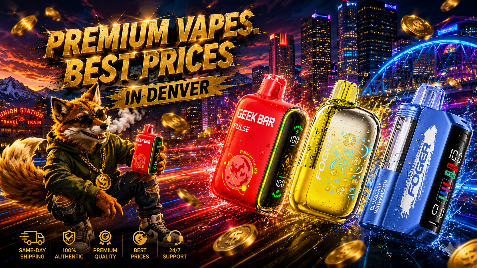 This vibrant promotional banner features Geek Bar and Foger disposable vapes displayed against a glowing nighttime Denver skyline with colorful energy trails, floating gold coins, and a bold 