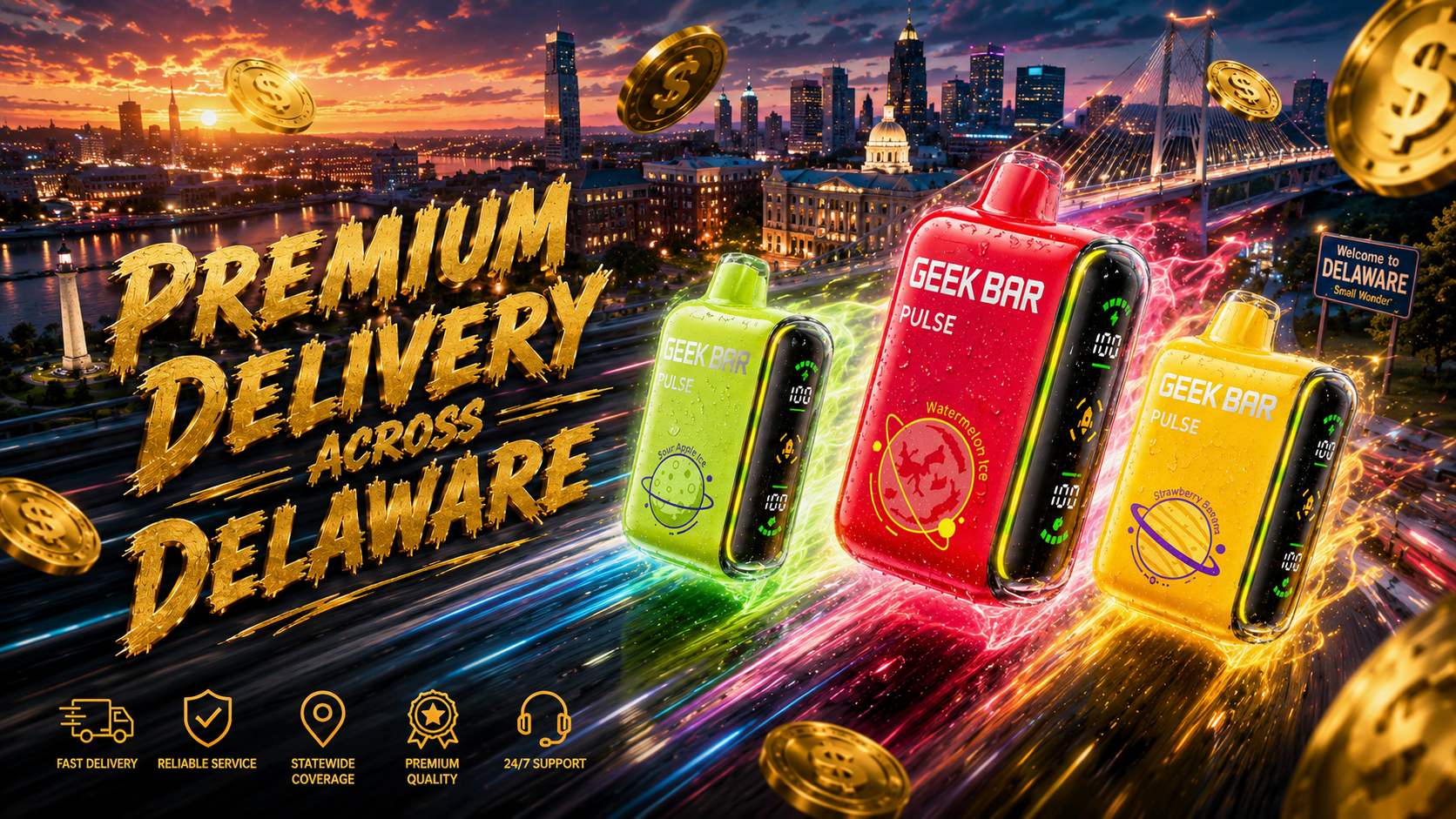 A high-energy promotional image features three colorful Geek Bar Pulse disposable vapes racing through a futuristic Delaware skyline, surrounded by glowing light trails, floating gold coins, and sparkling effects. Recognizable Delaware landmarks, including a lighthouse, modern bridge, city buildings, and a state welcome sign, create a vibrant backdrop that emphasizes statewide service and fast shipping. Large gold lettering highlights premium delivery across Delaware, while icons at the bottom represent reliable service, statewide coverage, premium quality, and 24/7 customer support.