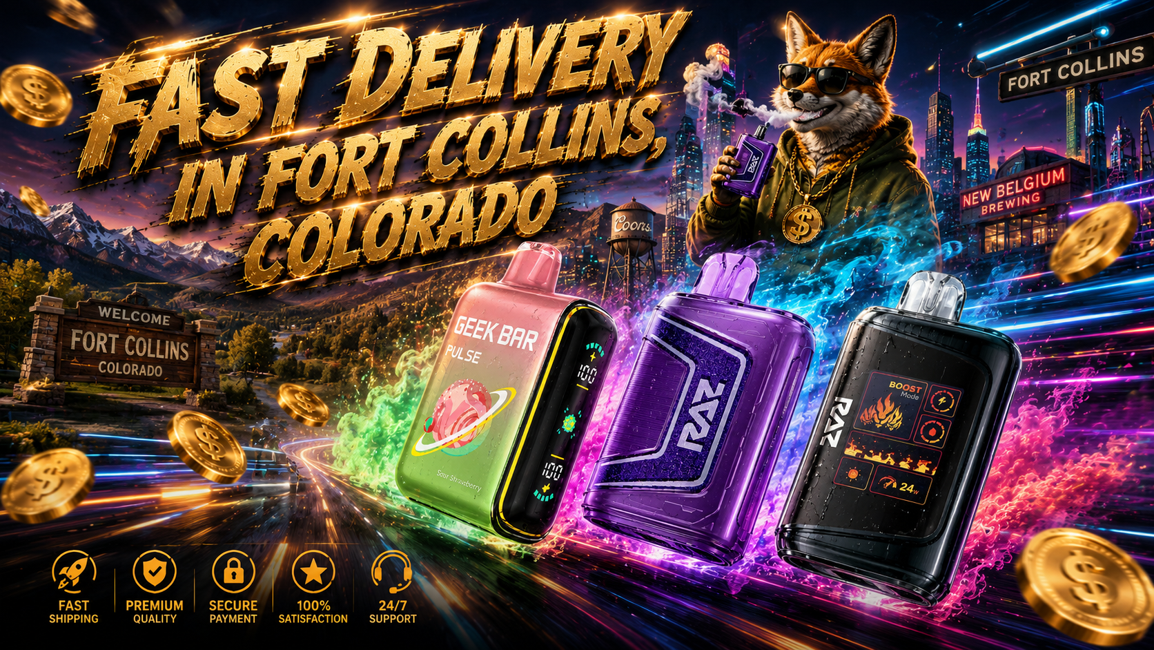 A dynamic promotional banner showcases premium disposable vapes in Fort Collins, Colorado, featuring colorful Geek Bar, RAZ, and other modern vape devices surrounded by vibrant smoke effects, neon energy trails, and floating gold coins. A fashionable fox holding a disposable vape stands above iconic Fort Collins landmarks, including the Welcome to Fort Collins sign, the city skyline, Coors water tower, and New Belgium Brewing, reinforcing the theme of fast vape delivery. Bold gold typography highlights fast delivery in Fort Collins, while icons along the bottom emphasize fast shipping, premium quality, secure payment, customer satisfaction, and 24/7 support.