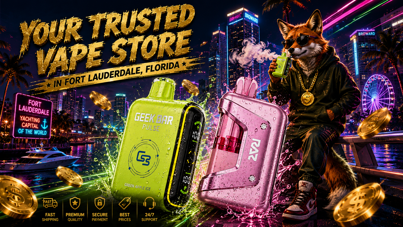 A vivid nighttime banner showcases colorful disposable vapes with realistic water droplets against the glowing Fort Lauderdale, Florida skyline, surrounded by flying gold coins and dynamic neon light trails. A fashionable fox wearing sunglasses enjoys a disposable vape while oversized Geek Bar and RAZ devices dominate the foreground beneath the headline 