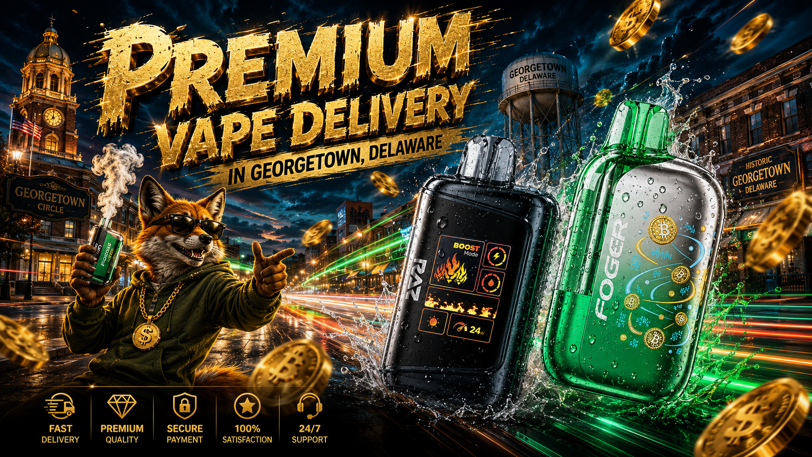 Premium disposable vape devices with water droplets, golden coins, fox mascot, and Georgetown, DE skyline at night.