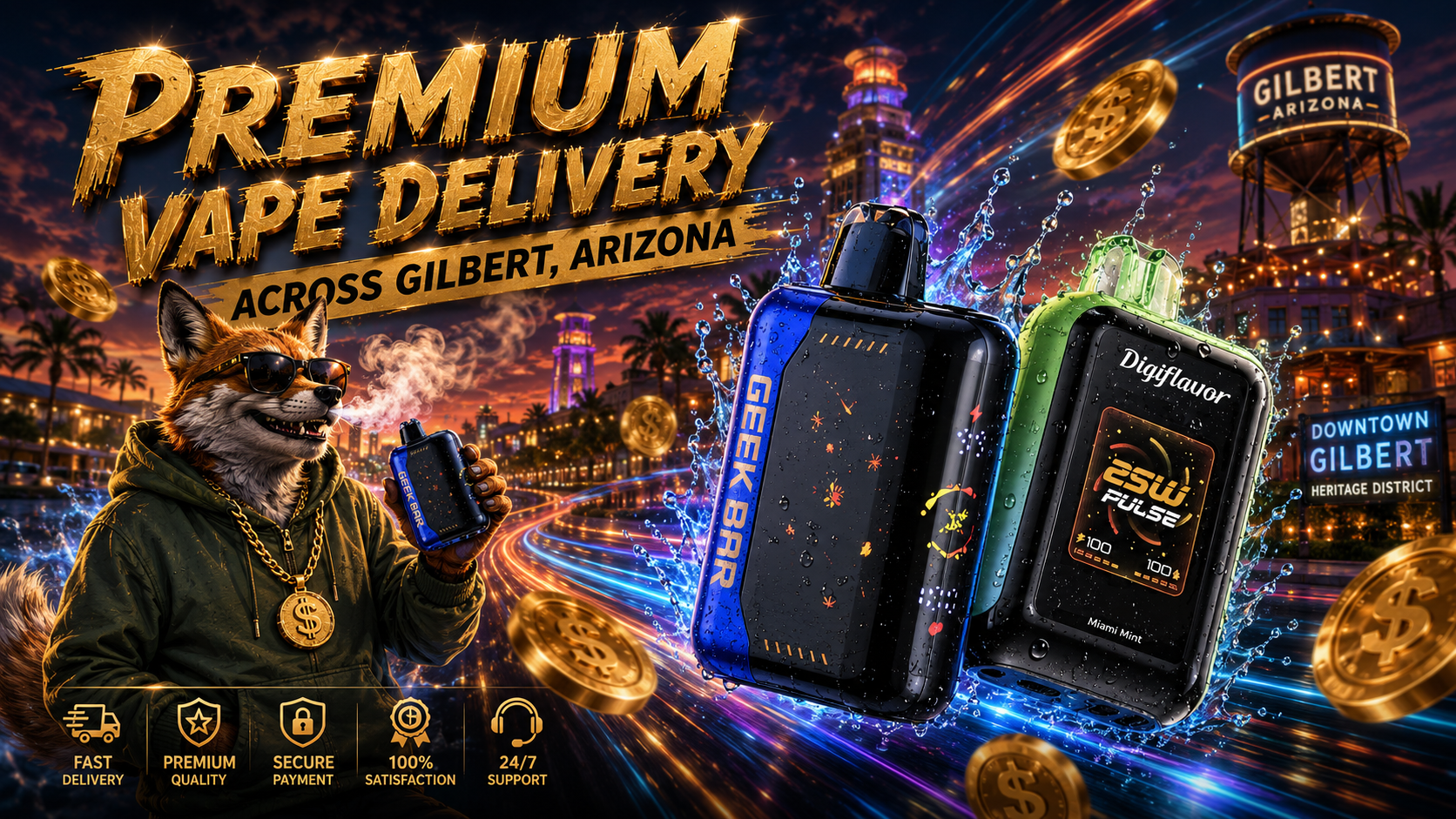 This promotional banner showcases premium vape delivery across Gilbert, Arizona, featuring two modern disposable vape devices surrounded by dynamic water splashes and vibrant energy trails against a glowing nighttime city skyline. A stylish fox mascot wearing sunglasses holds a vape while floating gold coins and bold graphics highlight premium service, secure ordering, and fast shipping. The image emphasizes reliable vape delivery, high-quality disposable vapes, and a convenient online vape shop serving customers throughout Gilbert.