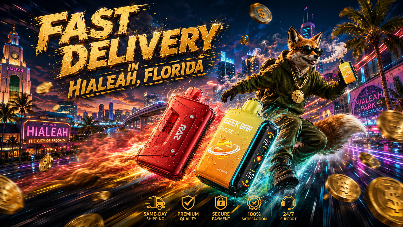 A striking promotional banner features Geek Bar disposable vapes racing through a futuristic Hialeah, Florida cityscape with colorful speed trails, water splashes, and flying gold coins. A fashionable fox wearing sunglasses rides alongside the vapes while holding a Geek Bar device, reinforcing the theme of fast delivery, premium quality, and trusted service. Bold gold lettering reads 