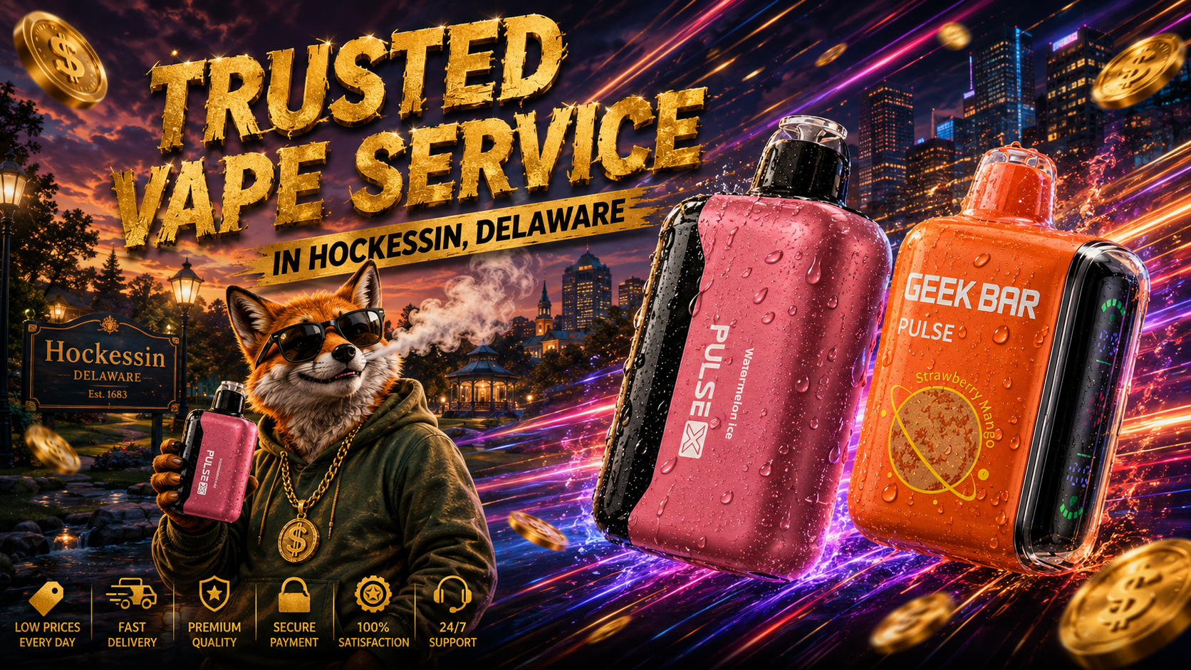 Geek Bar Pulse disposable vapes with water droplets, neon city skyline, and Hockessin promotional delivery scene