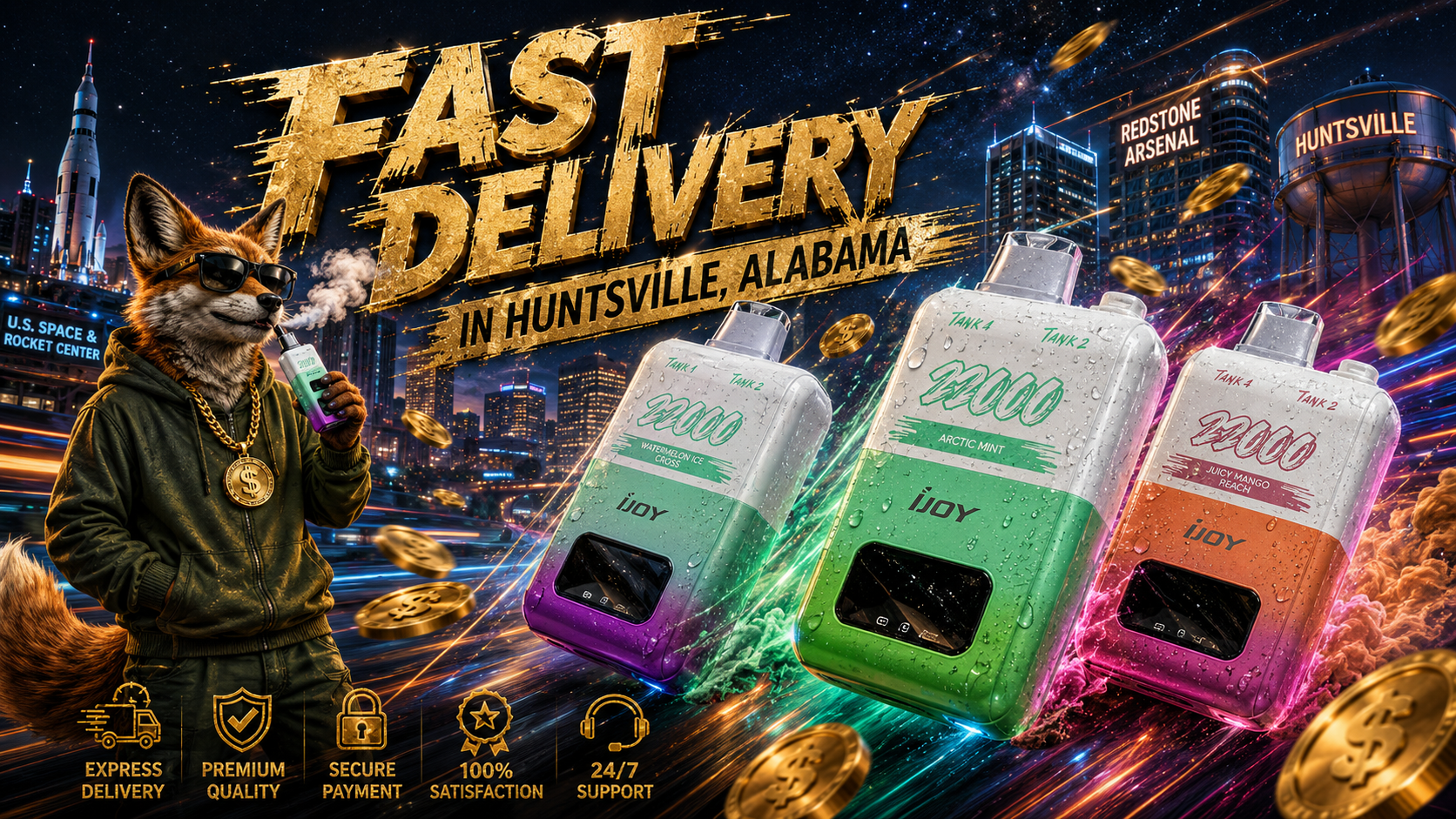 This vibrant promotional banner features three colorful iJoy disposable vapes surrounded by swirling neon energy, water droplets, and floating gold coins against a futuristic Huntsville, Alabama skyline. A stylish fox mascot wearing sunglasses and a gold chain enjoys a vape while standing in front of iconic local landmarks, including the U.S. Space & Rocket Center, Redstone Arsenal, and the famous Huntsville water tower. Large gold lettering announcing fast delivery, combined with premium service icons and dynamic light trails, creates a bold and energetic atmosphere focused on convenience, value, and customer satisfaction.