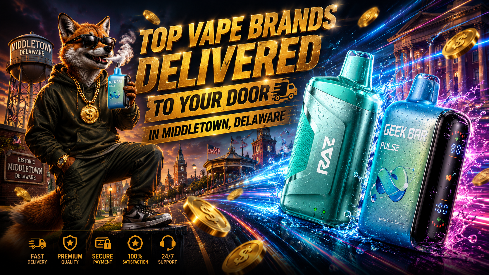 Two disposable vapes with colorful energy trails and fast shipping theme in Middletown, Delaware.