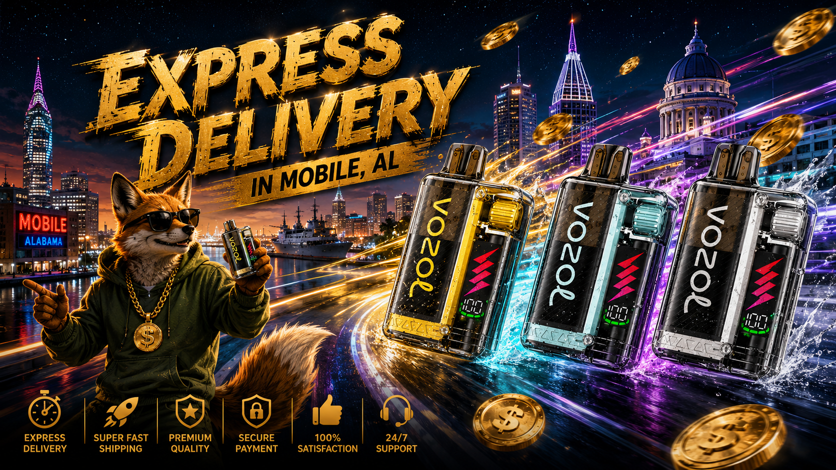 This eye-catching banner features three VOZOL disposable vapes racing through a vibrant futuristic Mobile, Alabama cityscape illuminated by colorful neon light trails and splashing water effects. A stylish fox wearing sunglasses and a gold chain holds a vape while standing by the waterfront, surrounded by floating gold coins that emphasize savings and premium service. Bold golden lettering promotes express vape delivery, while service icons highlight fast shipping, secure payments, customer satisfaction, and 24/7 customer support.