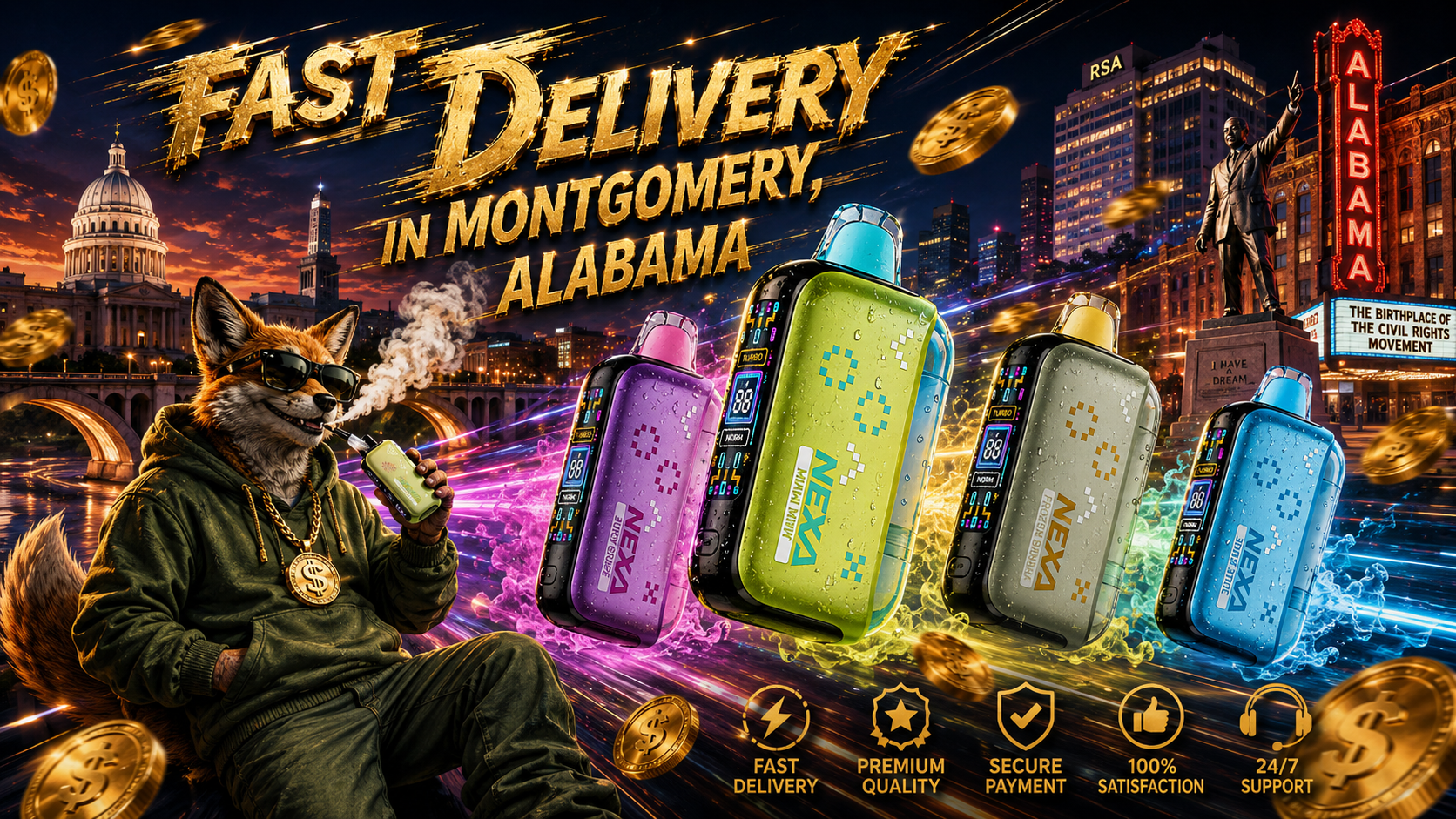 This vibrant promotional banner features colorful NEXA disposable vape devices surrounded by dynamic water splashes, neon speed trails, and flying gold coins against the Montgomery, Alabama skyline at sunset. A stylish fox mascot wearing sunglasses and a gold chain enjoys a vape while iconic city landmarks, illuminated buildings, and the famous civil rights monument create an energetic urban atmosphere. The design emphasizes fast vape delivery, premium service, and a wide selection of products with a bold, eye-catching visual style.