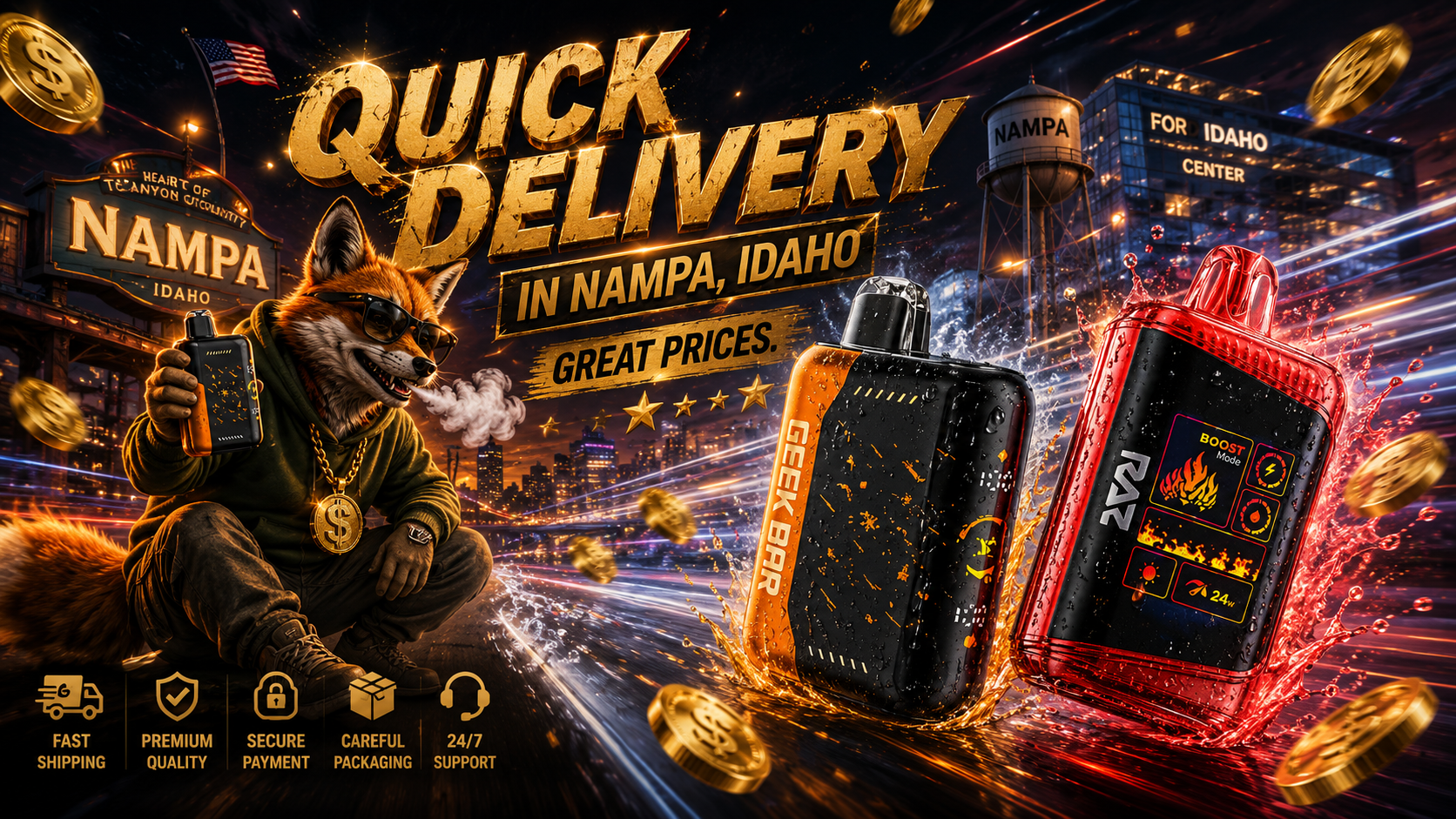 This promotional banner highlights quick vape delivery in Nampa, Idaho with two premium disposable vapes racing through a vibrant futuristic city illuminated by colorful energy trails, water splashes, and floating gold coins. A stylish fox mascot holding a disposable vape stands beside the bold 