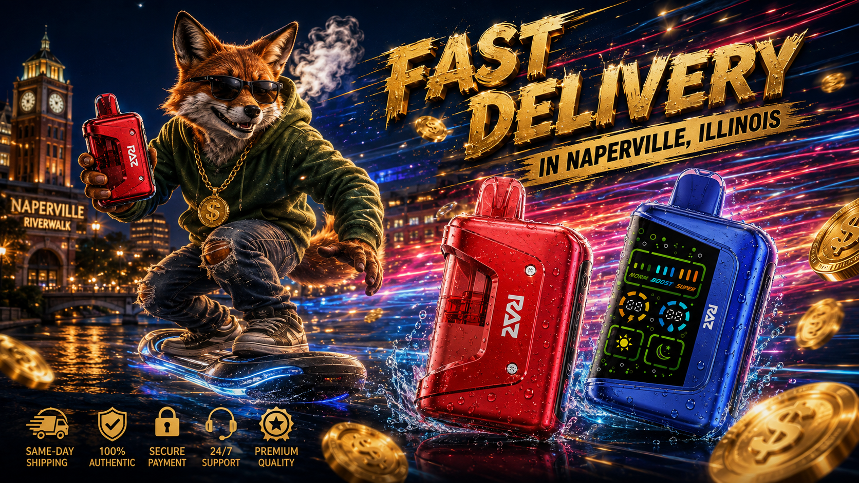 Red and blue vape devices with water splashes, glowing speed trails, and gold coins near the Naperville Riverwalk.