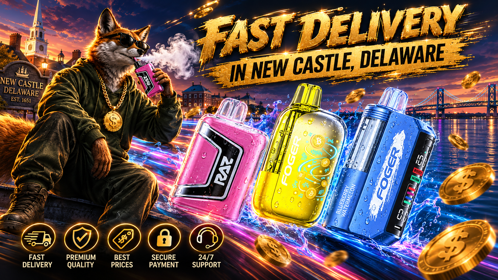 RAZ and Foger disposable vapes with a fox mascot, water splashes, and fast delivery theme in New Castle, Delaware