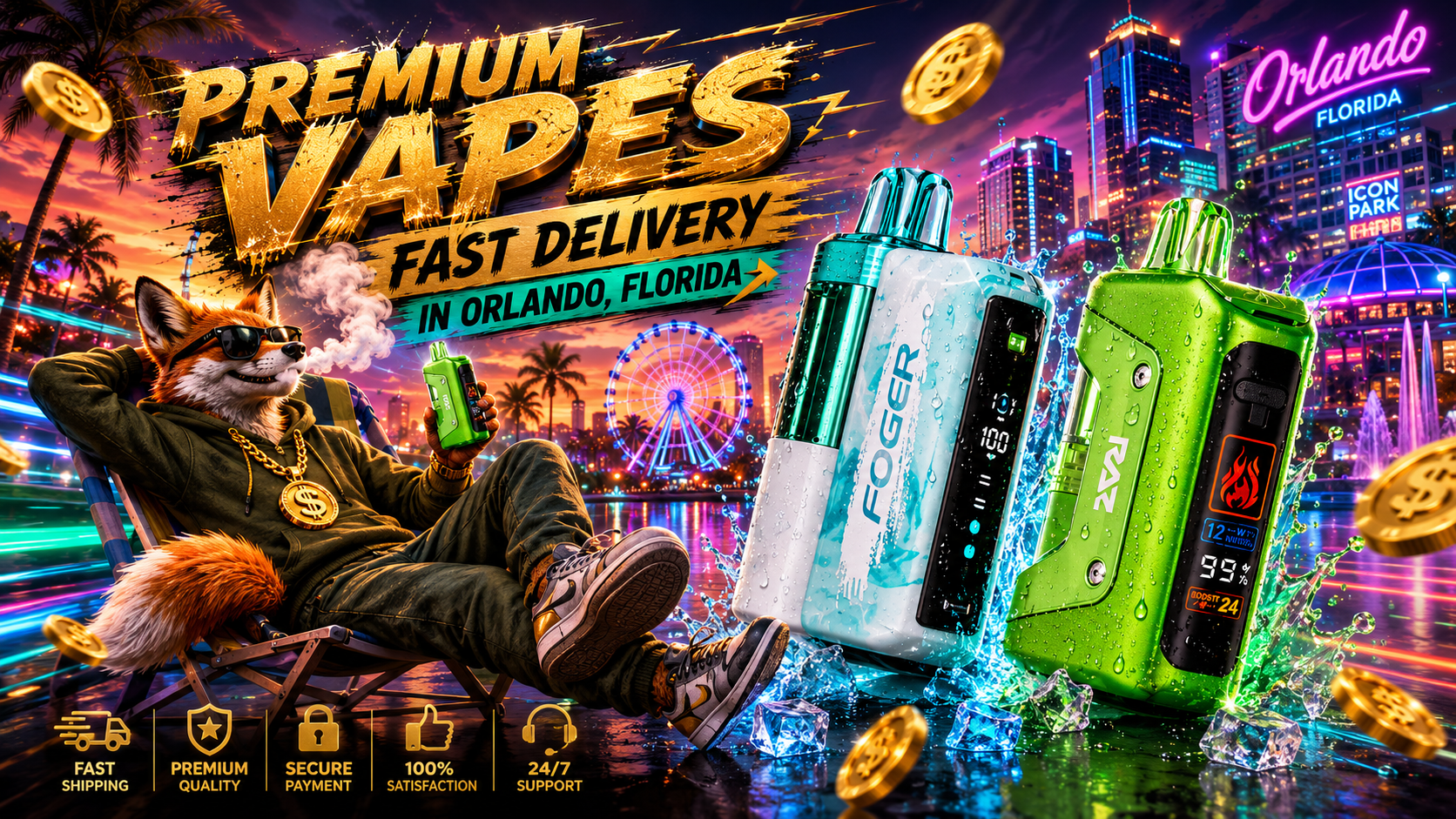 This colorful promotional banner features premium disposable vapes with realistic water droplets, surrounded by splashing water, ice cubes, and floating gold coins against a vibrant Orlando, Florida skyline. A stylish fox mascot relaxes in a lounge chair while holding a green vape, with bold gold lettering promoting 