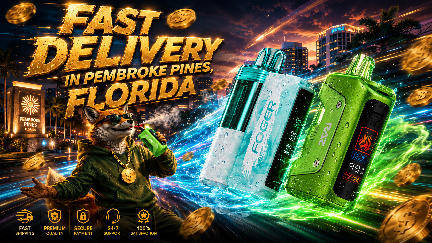 This eye-catching promotional banner features colorful Foger and RAZ disposable vapes with realistic water droplets, glowing energy trails, and flying gold coins set against the vibrant skyline of Pembroke Pines, Florida. A stylish fox mascot enjoys a green vape while highlighting fast delivery, premium quality, secure ordering, and exceptional customer service from a trusted online vape store. The dynamic artwork emphasizes cheap vapes, fast shipping, and a wide selection of disposable vapes available for customers throughout Pembroke Pines, FL.