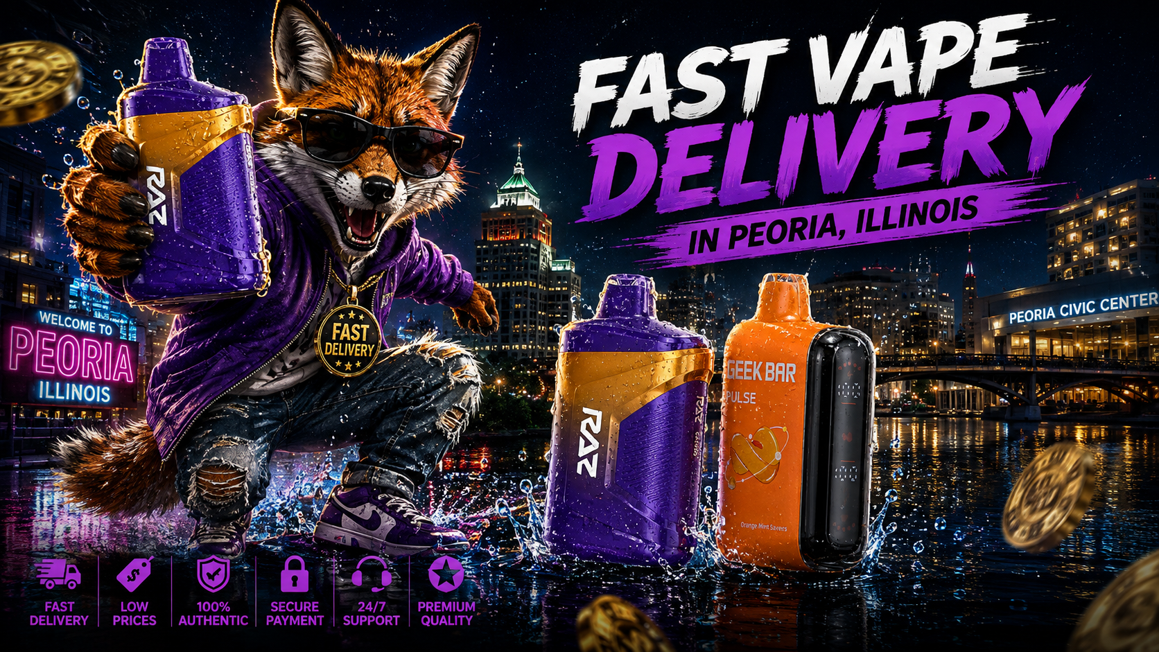 Purple and orange vape devices with water splashes, a fox mascot, and illuminated Peoria landmarks at night.