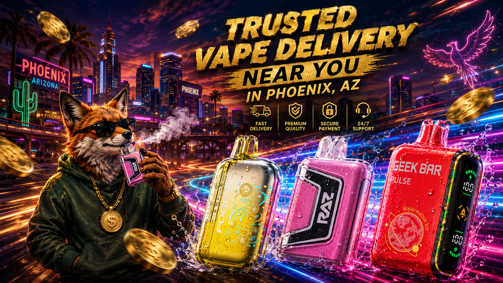 Trusted vape delivery near you in Phoenix, AZ featuring premium disposable vapes with vibrant neon lighting, water splashes, and the iconic downtown skyline. A stylish fox character vaping alongside colorful devices and floating gold coins highlights affordable prices, dependable service, and an enjoyable online shopping experience. The image promotes an online vape shop with a huge selection of disposable vapes, same-day shipping, and delivery within 1-5 business days.