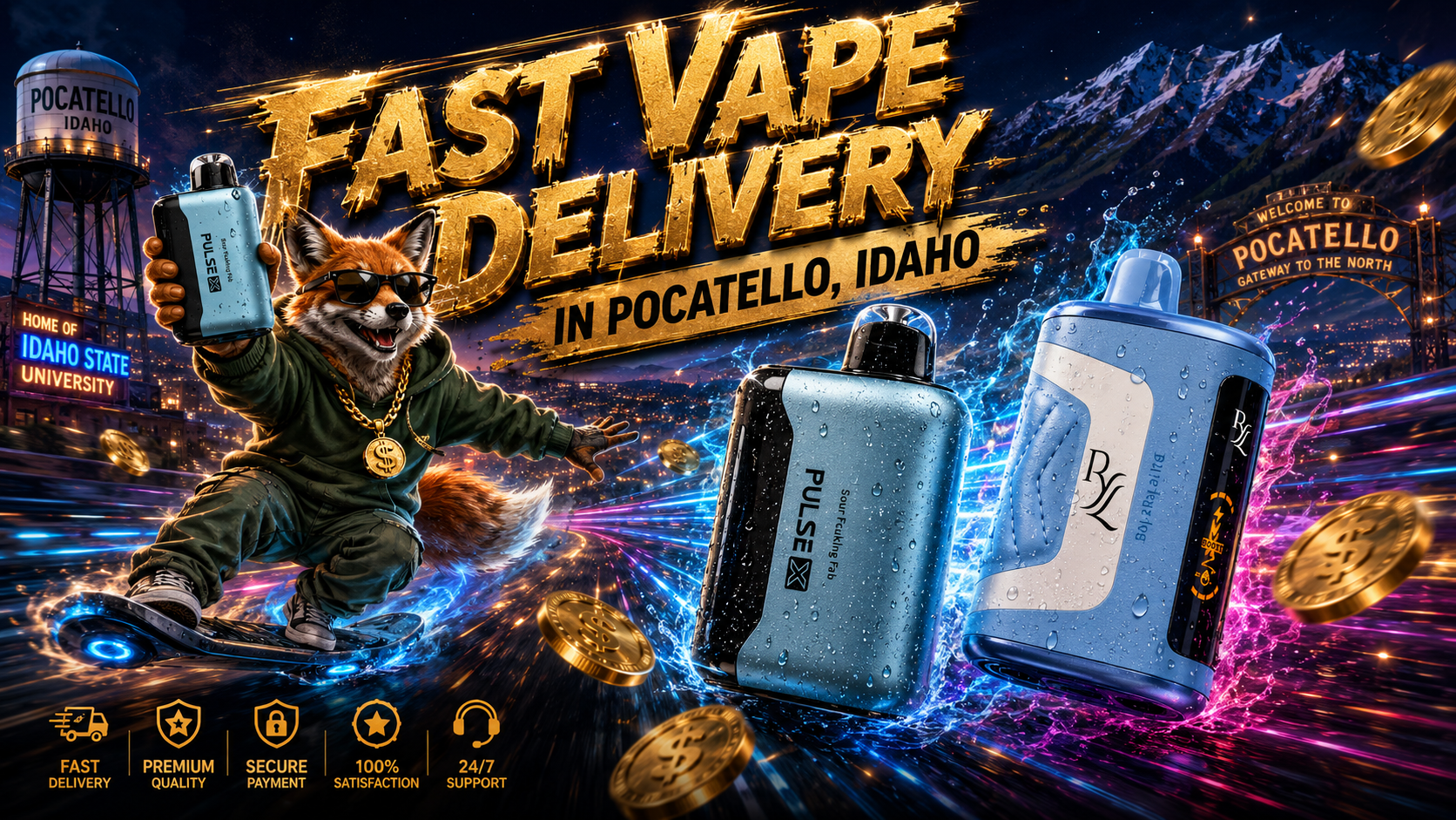 A bold promotional banner features premium disposable vapes speeding through a futuristic night scene of Pocatello, Idaho, surrounded by glowing energy trails, splashing water effects, and floating gold coins. A fashionable fox riding a futuristic hoverboard holds a vape while famous local landmarks, including the Pocatello water tower, Idaho State University sign, and the Welcome to Pocatello arch, appear against a stunning mountain skyline. Large gold lettering promotes fast vape delivery in Pocatello, Idaho, while icons at the bottom emphasize fast shipping, premium quality, secure payment, customer satisfaction, and 24/7 support.
