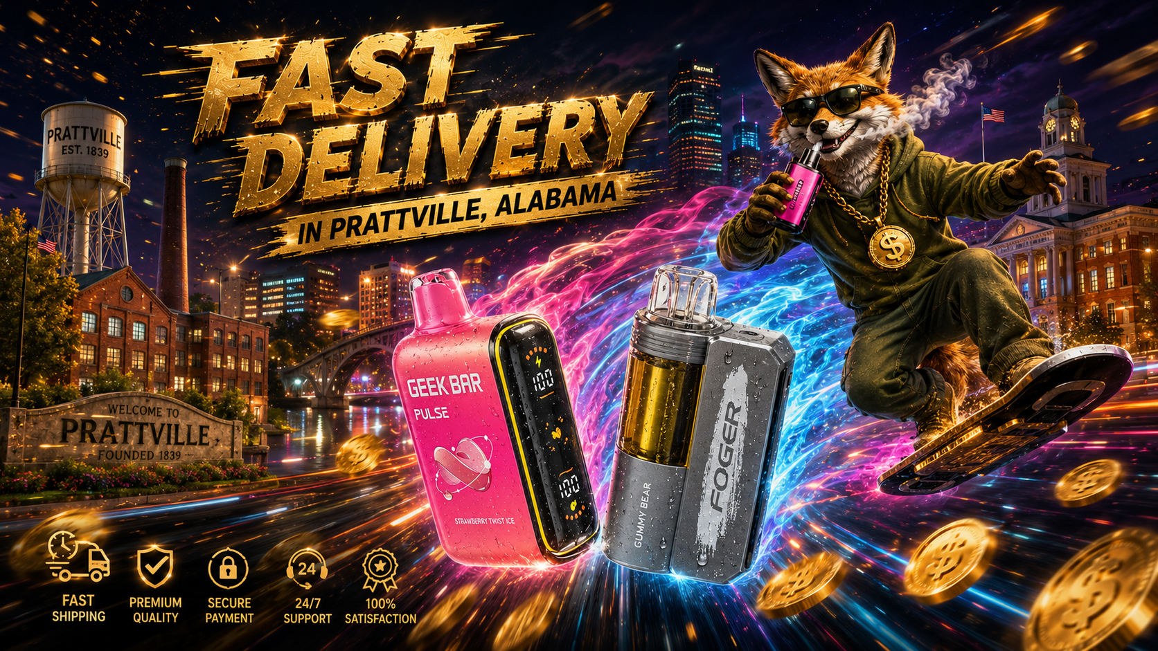 This eye-catching promotional banner features two disposable vape devices surrounded by colorful energy trails, floating gold coins, and dramatic lighting against a vibrant nighttime view of Prattville, Alabama. A stylish fox mascot wearing sunglasses and a gold chain rides a hoverboard while holding a vape, reinforcing the theme of fast delivery and a modern online vape shop. Recognizable Prattville landmarks, vivid visual effects, and premium design elements highlight affordable disposable vapes, reliable shipping, and a wide selection of popular vaping products.