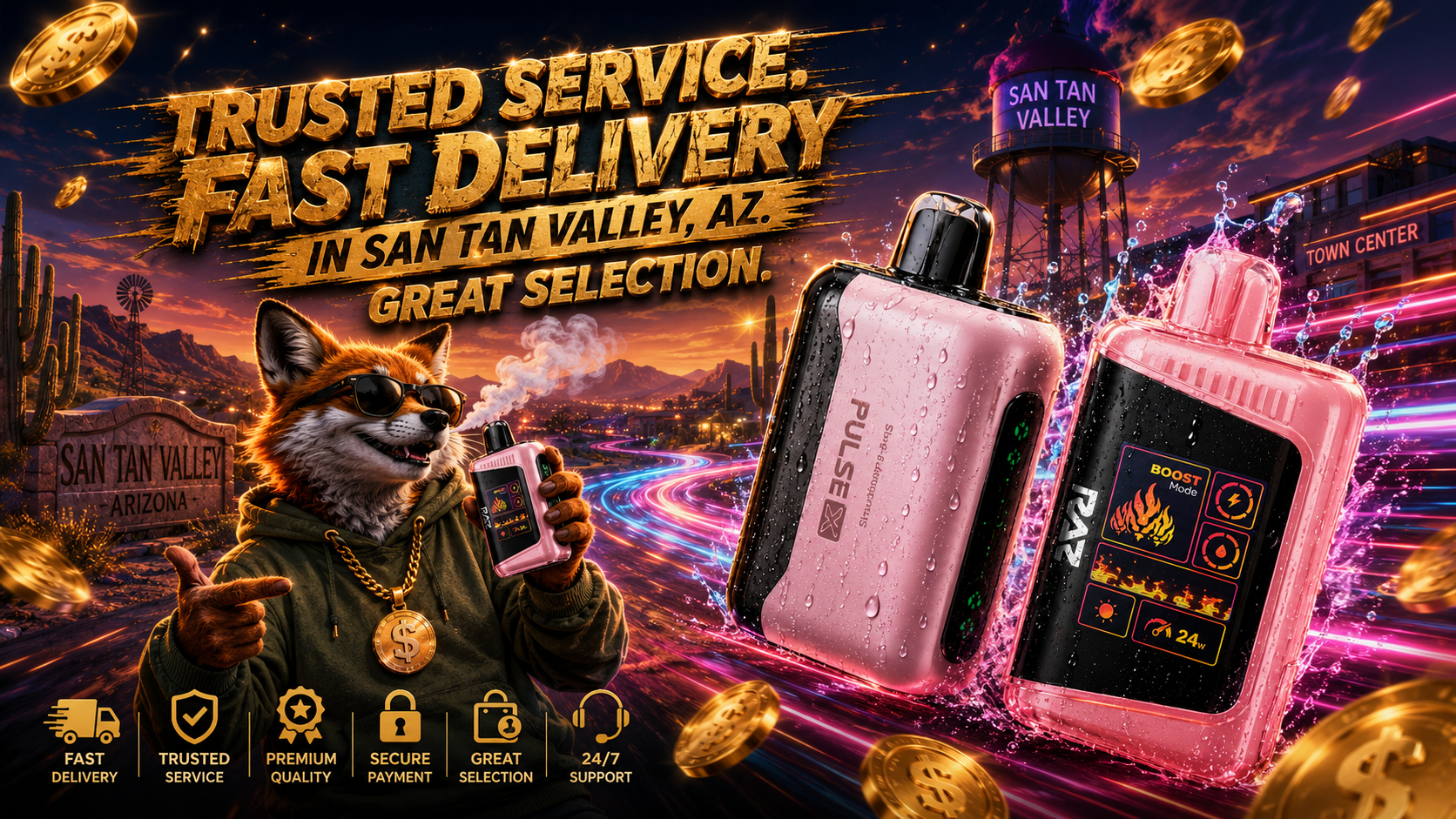 This striking promotional banner features stylish RAZ and Geek Bar disposable vapes covered in water droplets against a vibrant nighttime landscape inspired by San Tan Valley, Arizona. A cool fox wearing sunglasses holds a vape while colorful light trails, floating gold coins, and local landmarks emphasize fast delivery, trusted service, and a wide vape selection. The bold design highlights premium vape delivery in San Tan Valley, AZ, combining eye-catching typography with a dynamic, futuristic atmosphere.