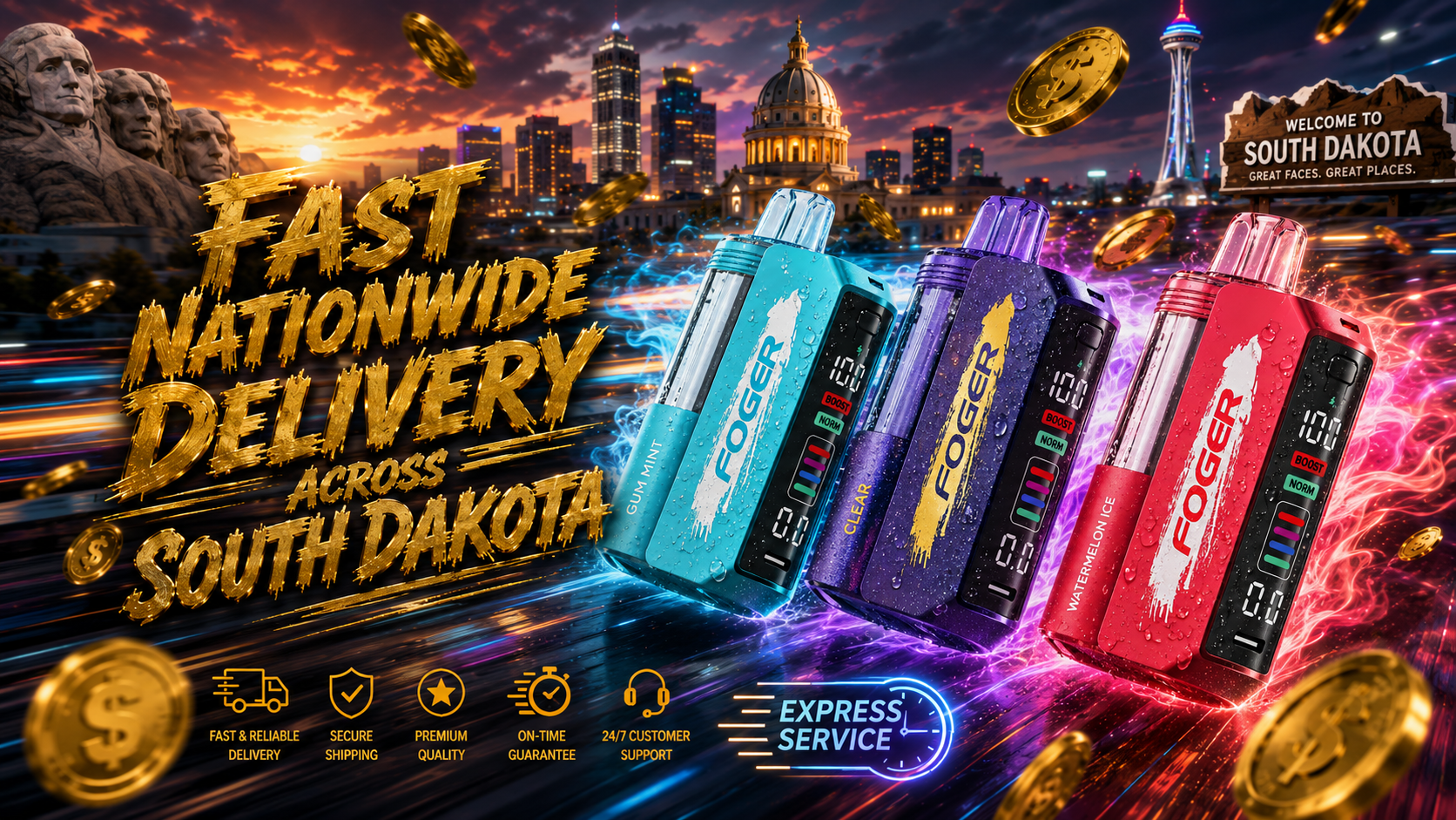 This vibrant promotional image features three Foger disposable vape devices surrounded by colorful energy effects, floating gold coins, and dramatic motion trails that emphasize speed and nationwide shipping. The background combines iconic South Dakota landmarks, including Mount Rushmore, a state capitol building, and a welcome sign, with a futuristic city skyline at sunset. Large gold lettering highlights fast nationwide delivery across South Dakota, while service icons promote secure shipping, premium quality, on-time delivery, and 24/7 customer support.