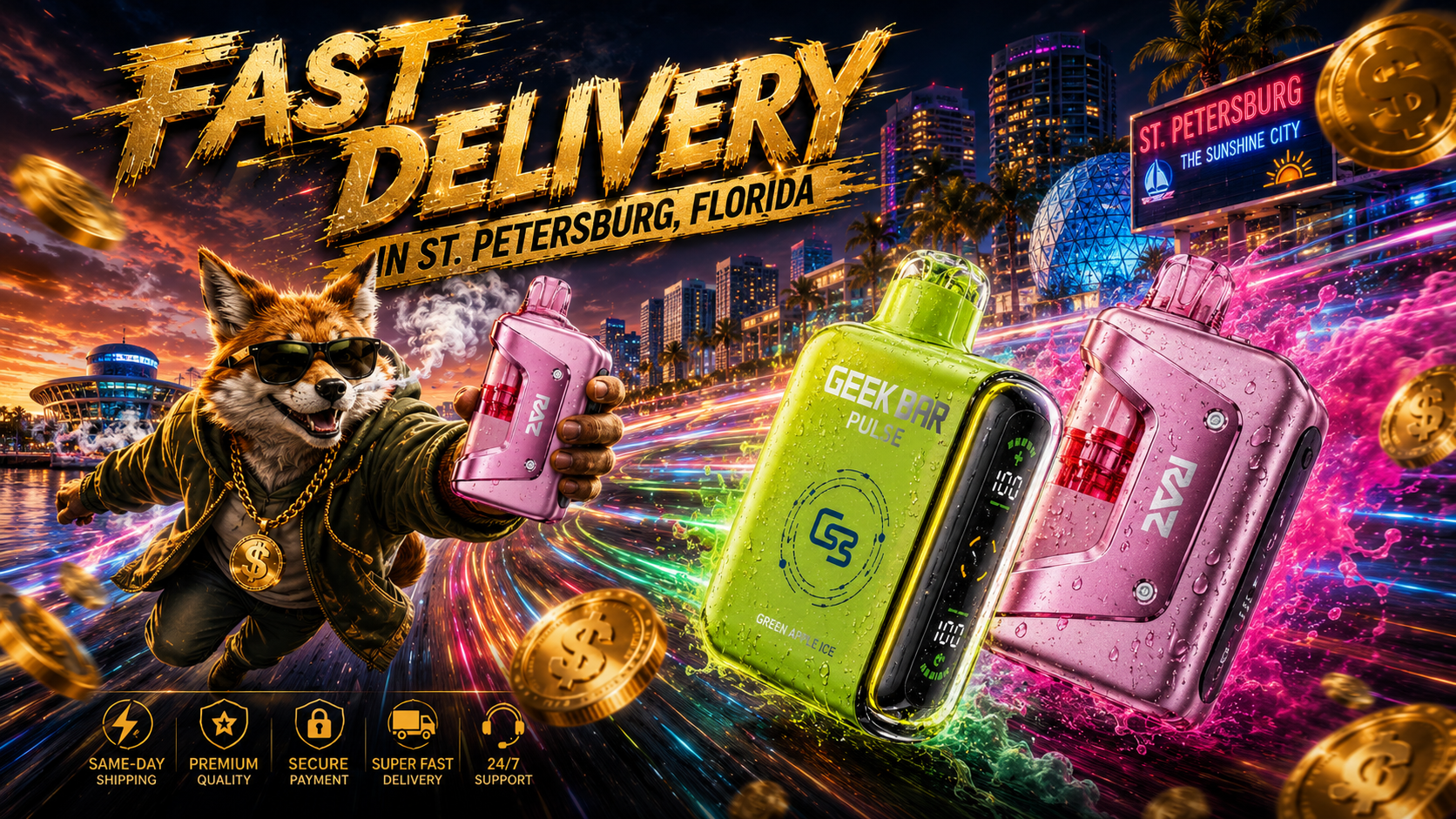 This dynamic banner features colorful disposable vapes with a fast delivery theme in St. Petersburg, Florida, set against a vibrant nighttime skyline with neon light trails, flying gold coins, and dramatic splash effects. A stylish fox mascot wearing sunglasses holds a RAZ vape while premium devices from RAZ and Geek Bar take center stage, emphasizing authentic products, secure payment, same-day shipping, premium quality, and 24/7 customer support. The bold gold lettering and energetic futuristic design promote an online vape shop offering affordable disposable vapes, competitive prices, and reliable shipping throughout St. Petersburg, FL.