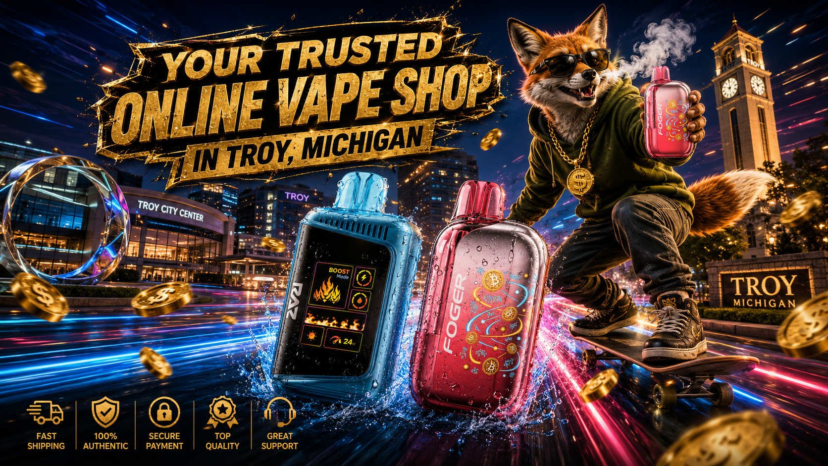 Vape devices with water droplets, colorful light trails, gold coins and a fox in a dynamic Troy, Michigan city scene.