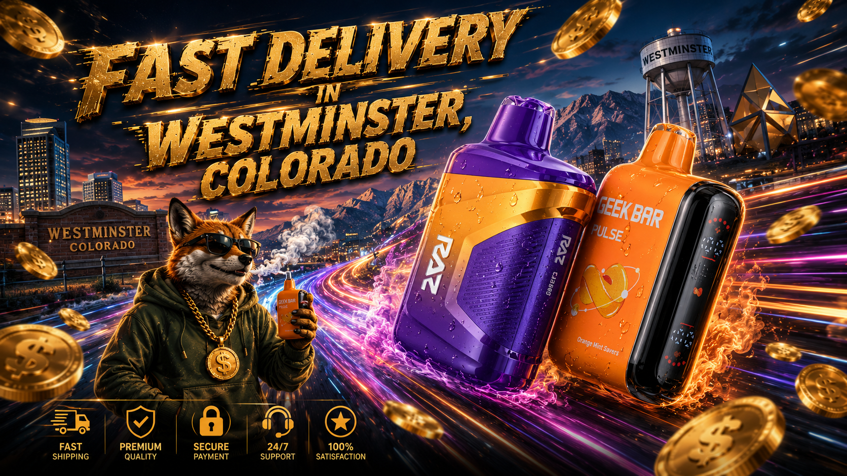 A dynamic promotional banner features two colorful disposable vape devices racing through glowing light trails with water droplets, fiery effects, and floating gold coins against the Westminster, Colorado skyline. Bold gold lettering announces, 