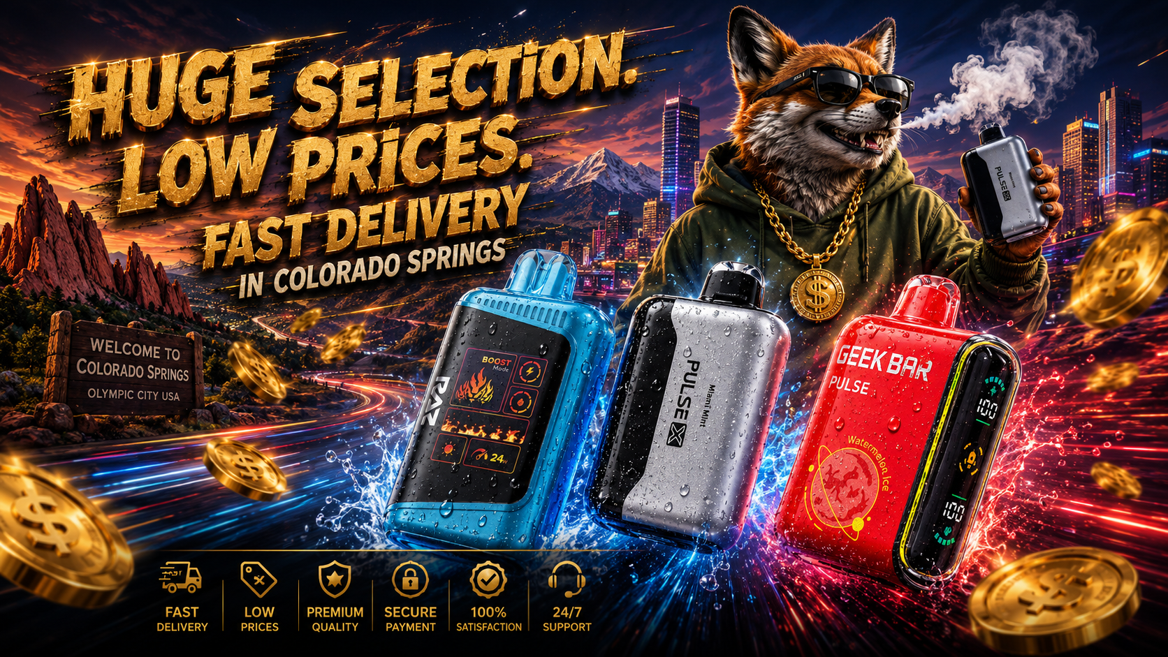 This dynamic promotional banner features colorful disposable vapes speeding through a futuristic Colorado Springs, CO, surrounded by glowing energy trails, flying gold coins, and the city's iconic mountain landscape. A confident fox mascot wearing sunglasses and a gold dollar-chain showcases a vape device, emphasizing huge selection, low prices, fast delivery, and premium quality. Bold gold typography and vibrant visual effects create an exciting advertisement for cheap vapes and reliable vape delivery in Colorado Springs, Colorado.
